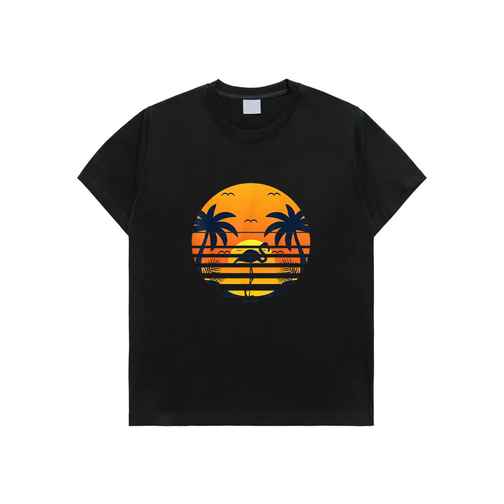 Retro Beach Sunset Palm Trees Flamingo Tropical Summer T-Shirt
