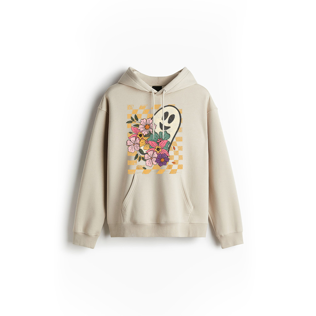 Retro Ghost With Pumpkin Flowers Vintage Halloween Vibes Hoodie