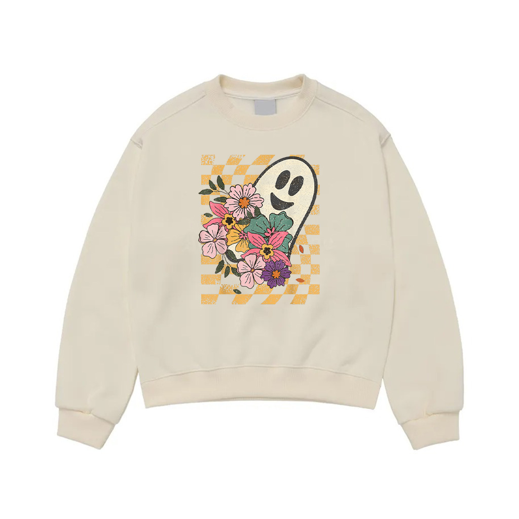 Retro Ghost With Pumpkin Flowers Vintage Halloween Vibes Sweatshirt
