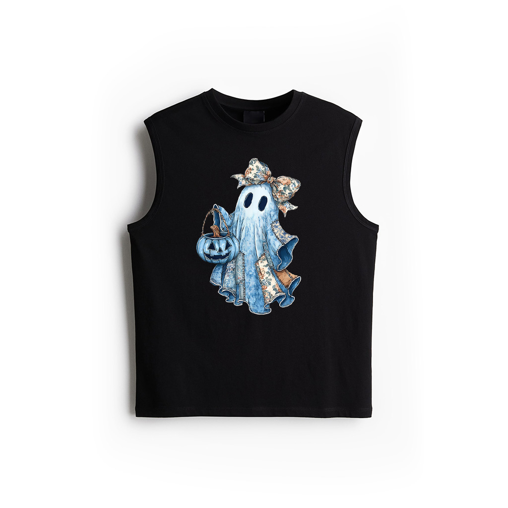 Retro Halloween Ghost Denim Pattern Bow Tank Top