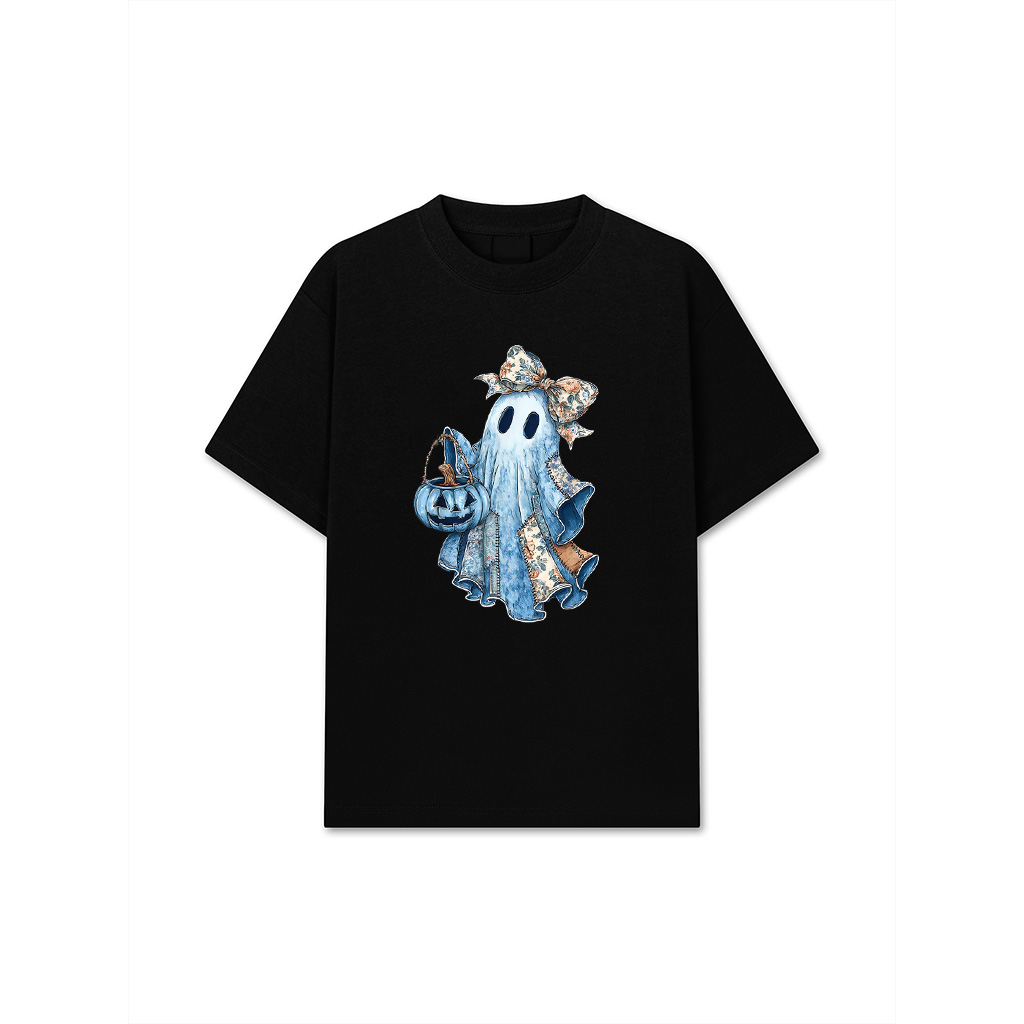 Retro Halloween Ghost Denim Pattern Bow T-Shirt
