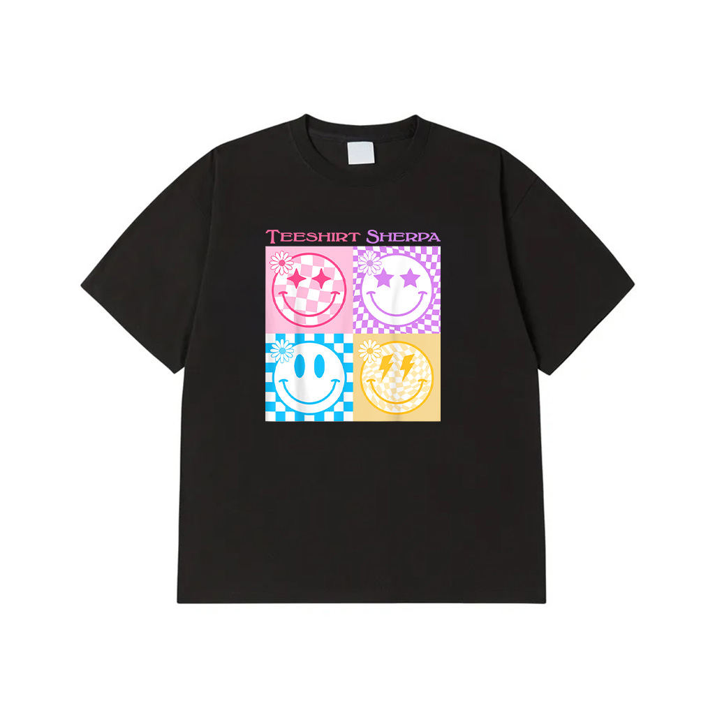 Retro Happy Face Shirt Checkered Pattern Smile Face Trendy T-Shirt