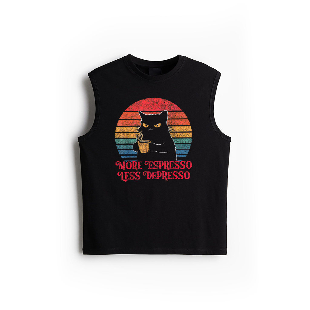Retro More Espresso Less Depresso Funny Sarcastic Cat Lover Tank Top