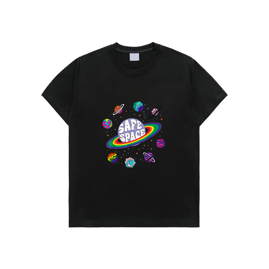 Retro Rainbow Planets Safe Space Cosmic LGBTQ Pride Month T-Shirt