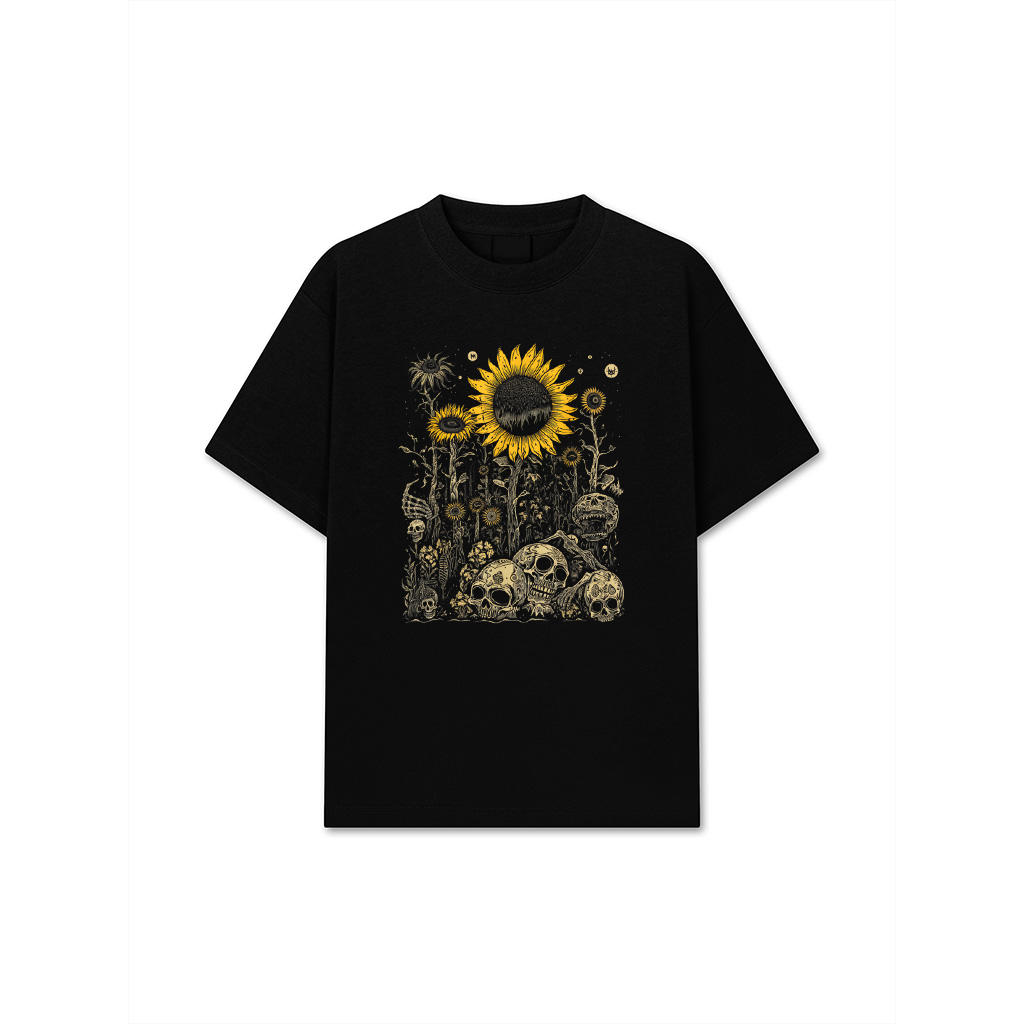 Retro Skull Sunflowers Goblincore Cottagecore Goth Aesthetic T-Shirt