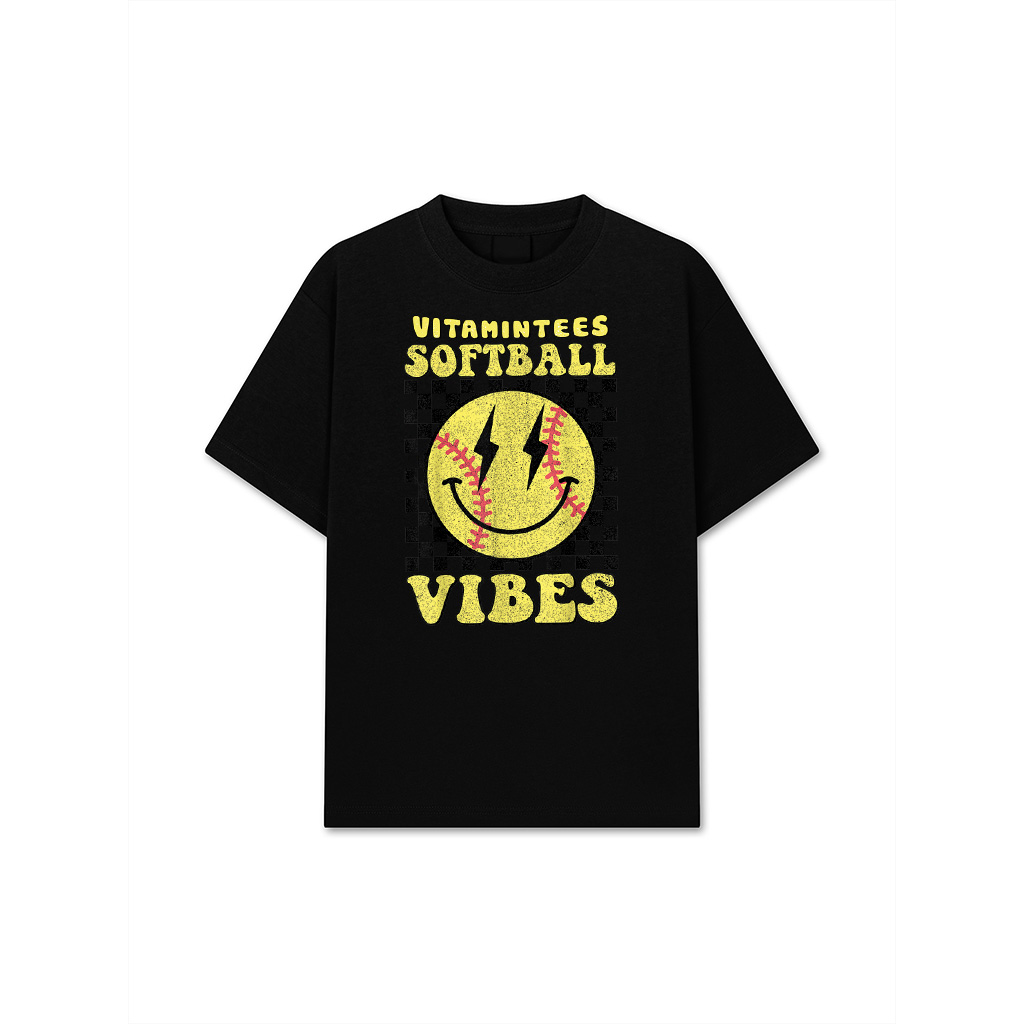 Retro Softball Vibes Smile Face Checkered Pattern T-Shirt