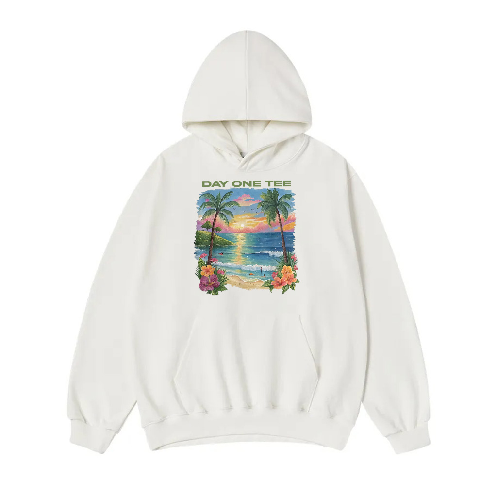 Retro Style Tropical Vintage Sunset Beach Palm Tree Hoodie - Image 3