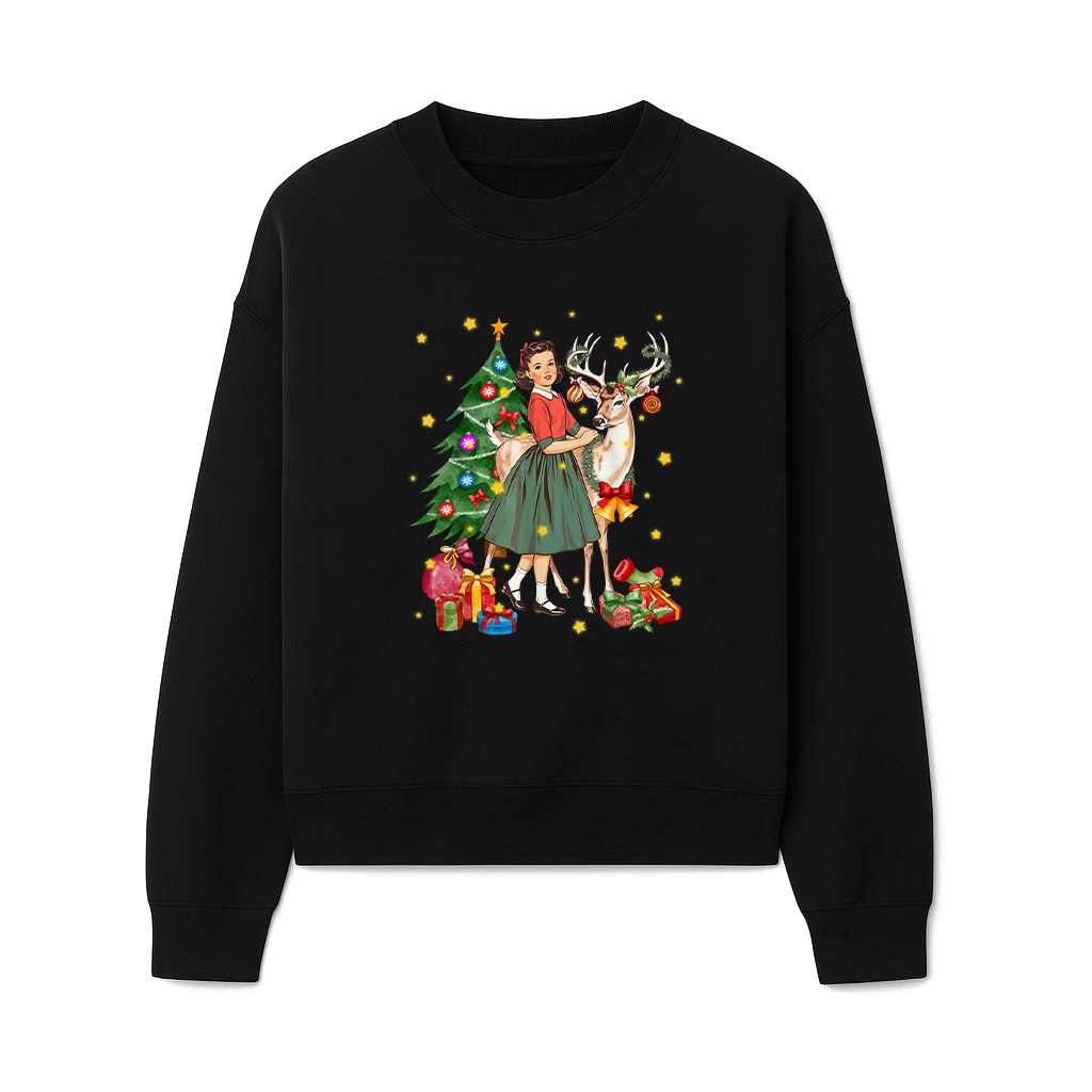 Retro Vintage Christmas Girl Next To Xmas Tree Sweatshirts 06-10-2025