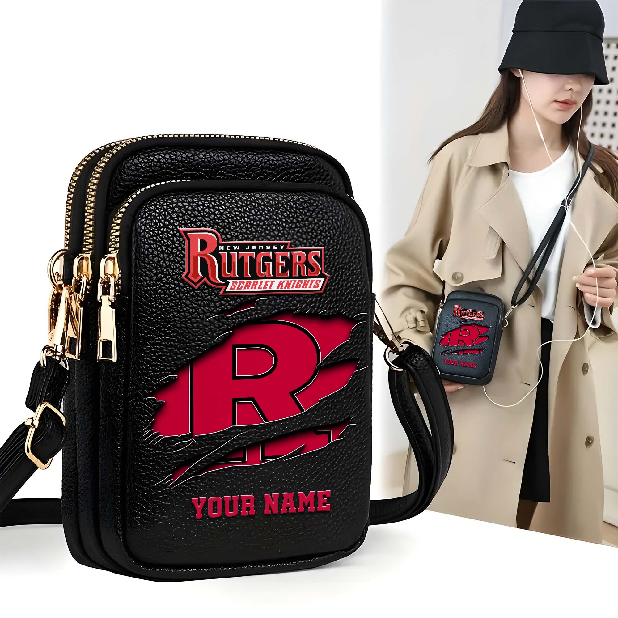 Rutgers Scarlet Knights Customized Womens Mobile Phone Bag With Your Name, Leather Crossbody Bag, Fan Gifts