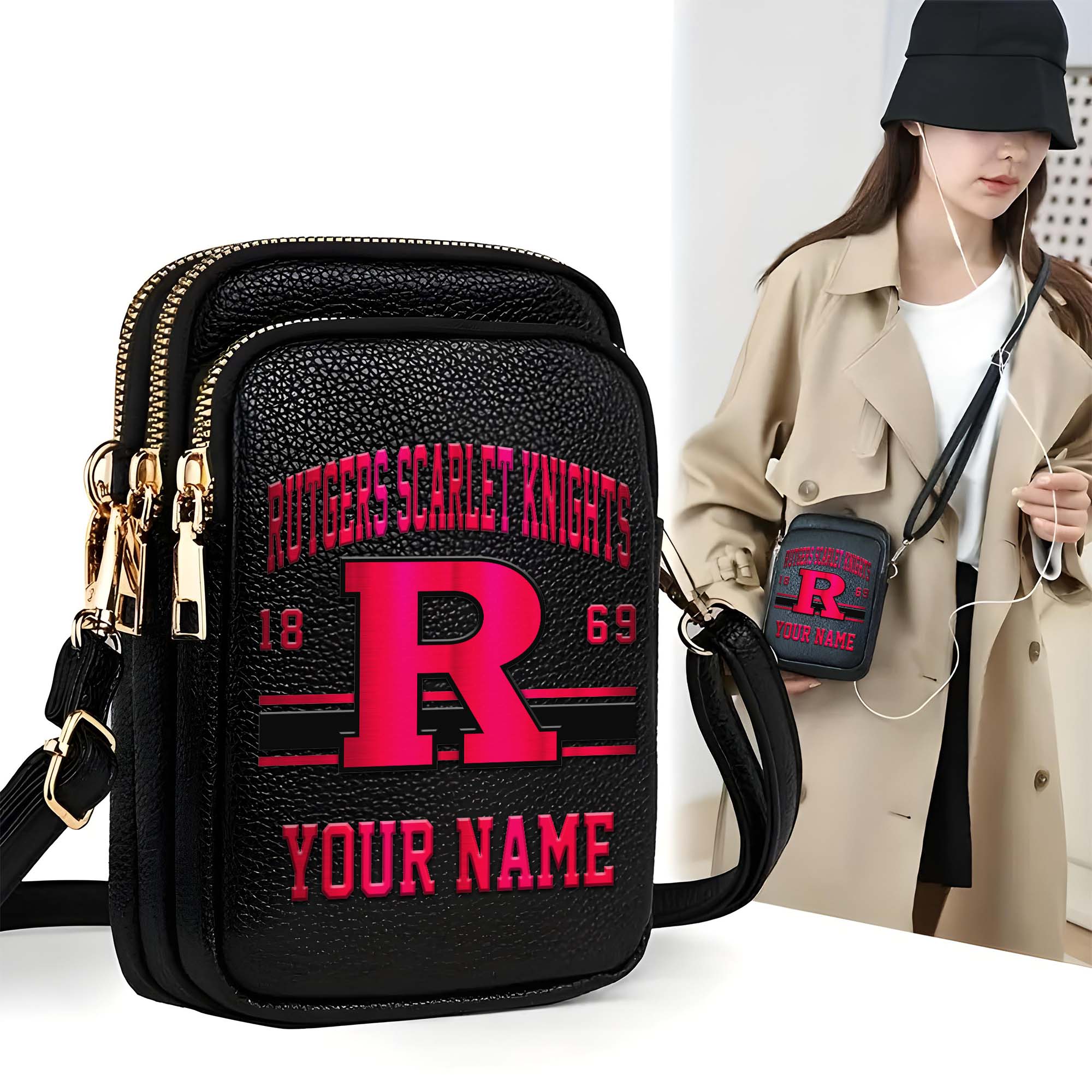 Rutgers Scarlet Knights Customized Womens Mobile Phone Bag With Your Name, Leather Crossbody Bag, Fan Gifts