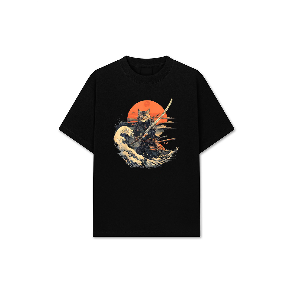 Samurai Cat Graphic Tee Warrior Vintage Japanese Art Anime T-Shirt For Men Women Girls Kids