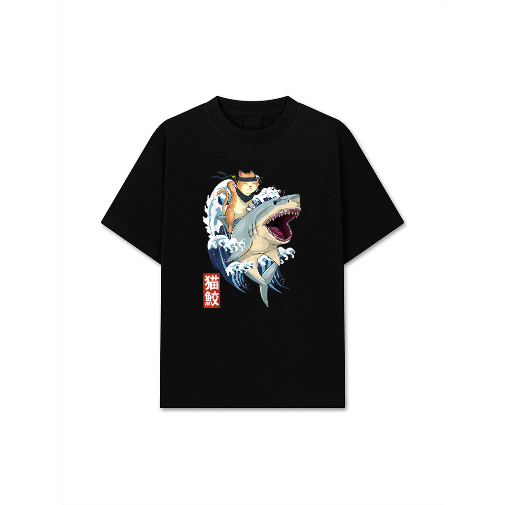Samurai CaT-Shirt Retro Ninja Japanese Cat Shark Kanagawa T-Shirt