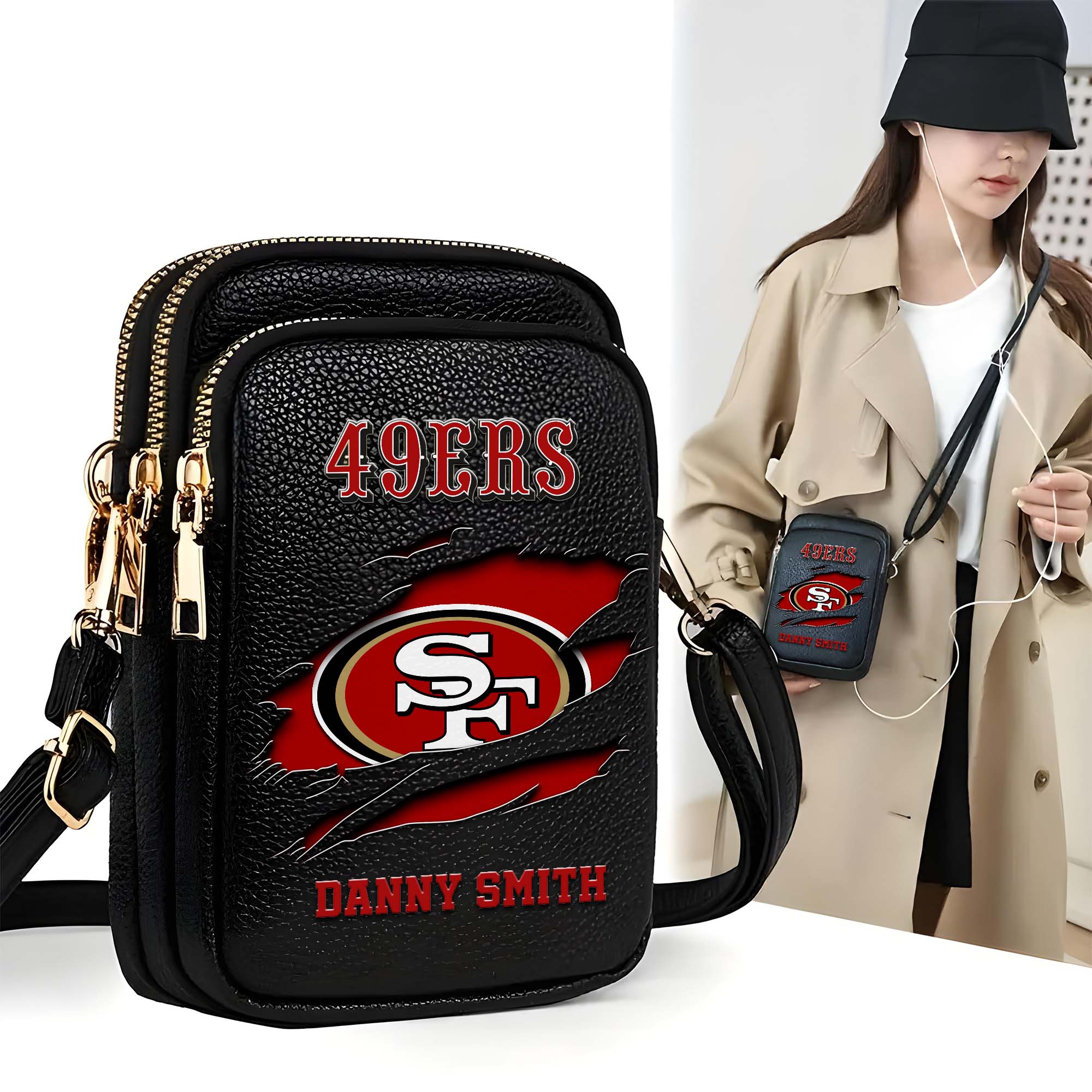 San Francisco 49Ers Customized Womens Mobile Phone Bag With Your Name, Leather Crossbody Bag, Fan Gifts