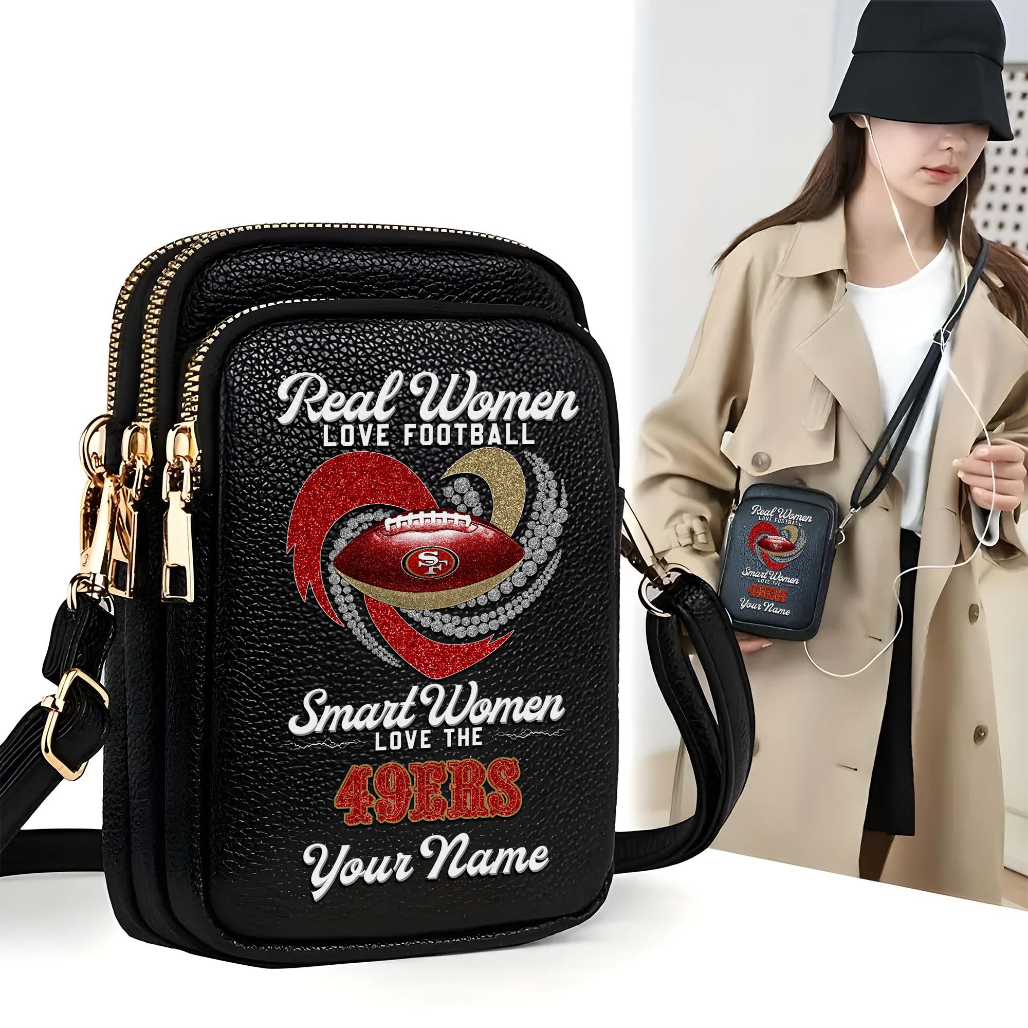 San Francisco 49Ers Customized Womens Mobile Phone Bag With Your Name, Leather Crossbody Bag, Fan Gifts
