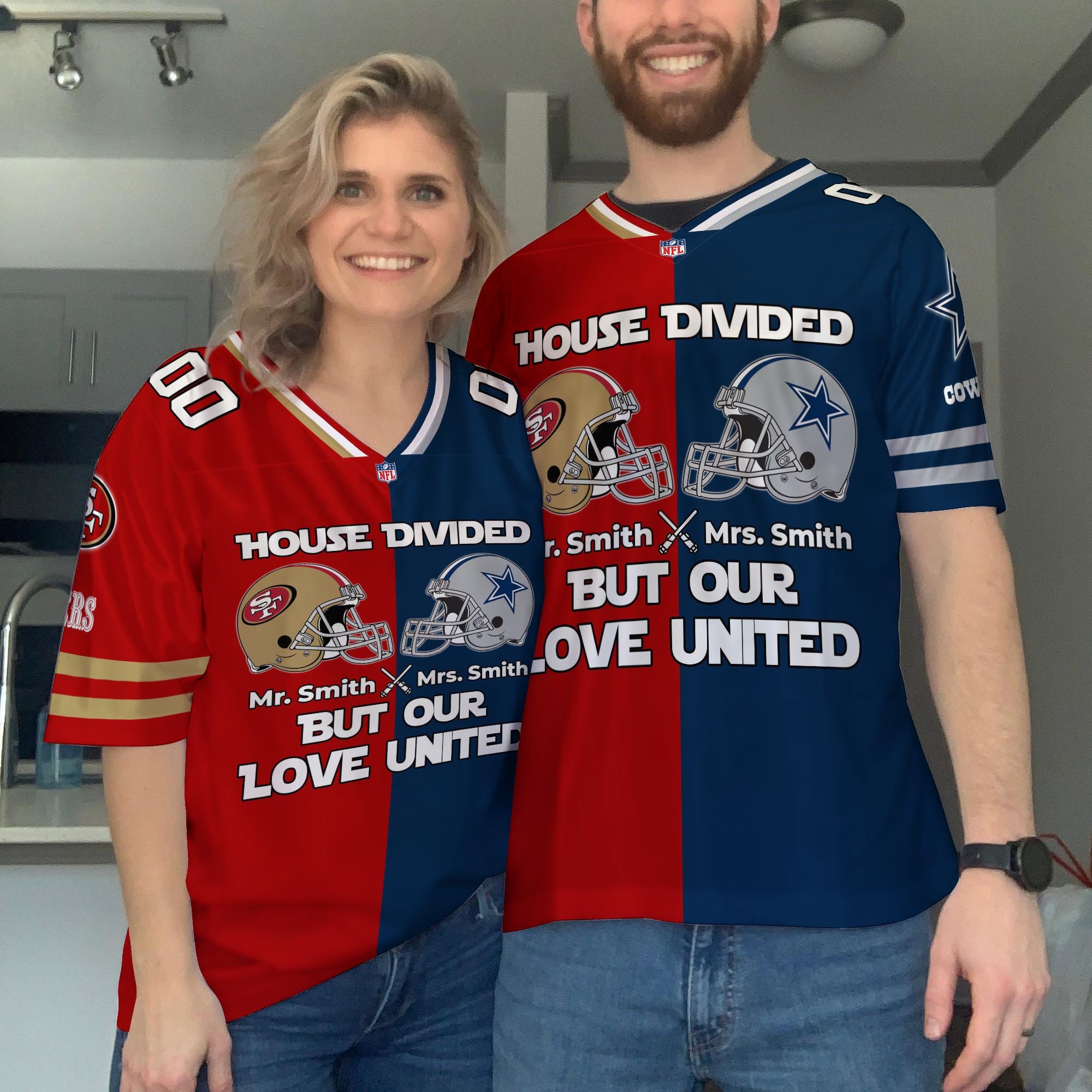 San Francisco 49Ers Football Jersey Custom Husband, Wife Name And Number, House Divided Jersey For Fan