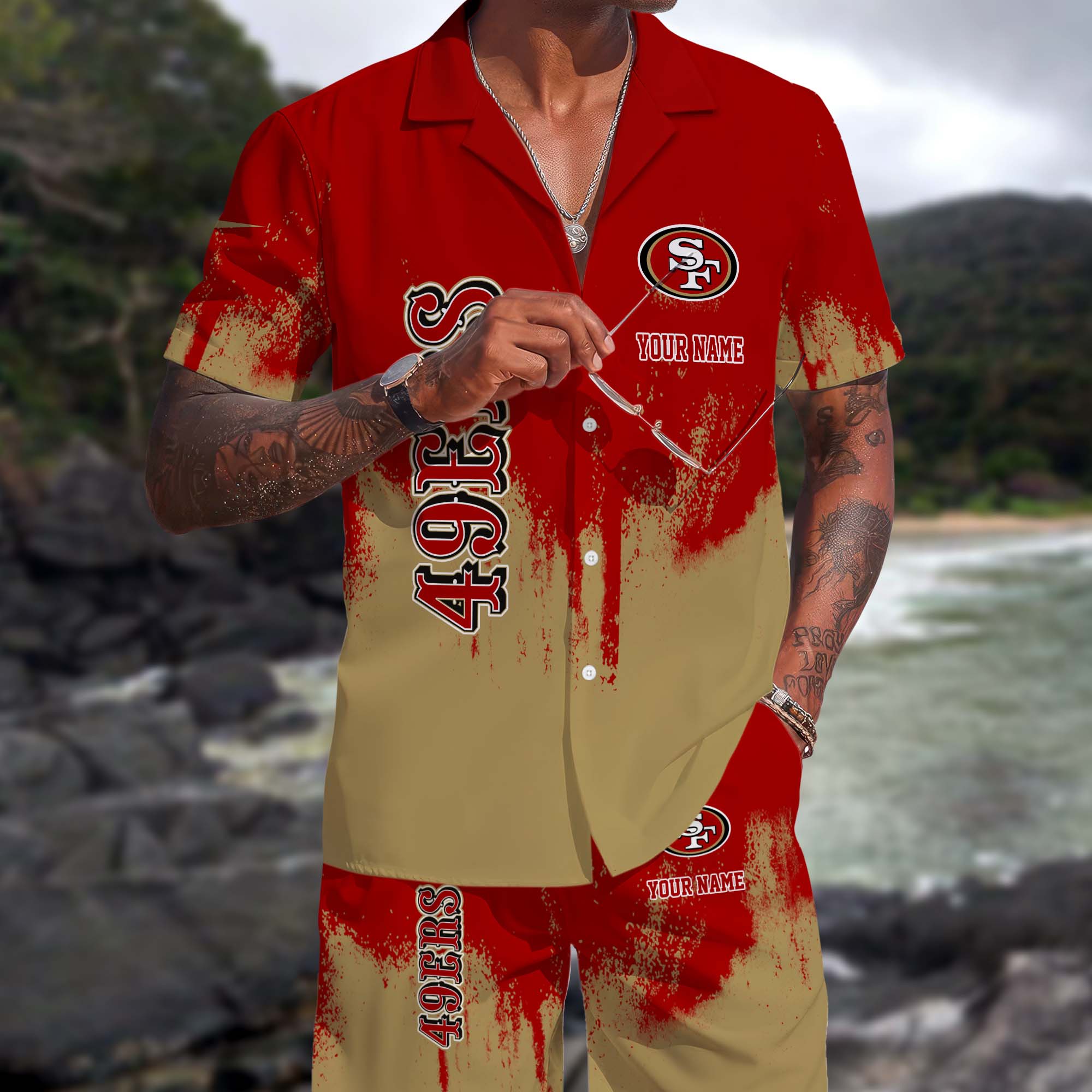 San Francisco 49Ers Hawaiian Shorts Set Custom You Name, Sport Shorts, Gifts For Fan