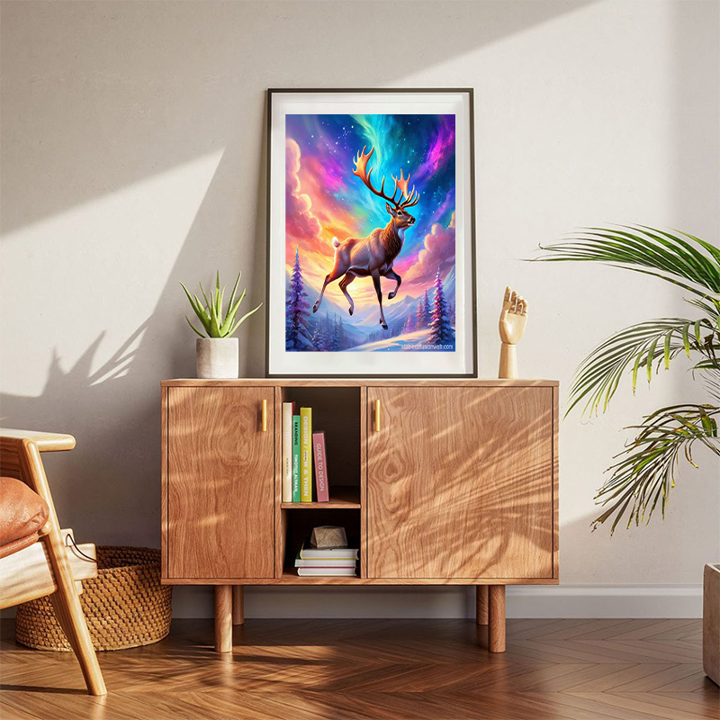 Santa's Reindeer Soar Through Colorful Sky Poster