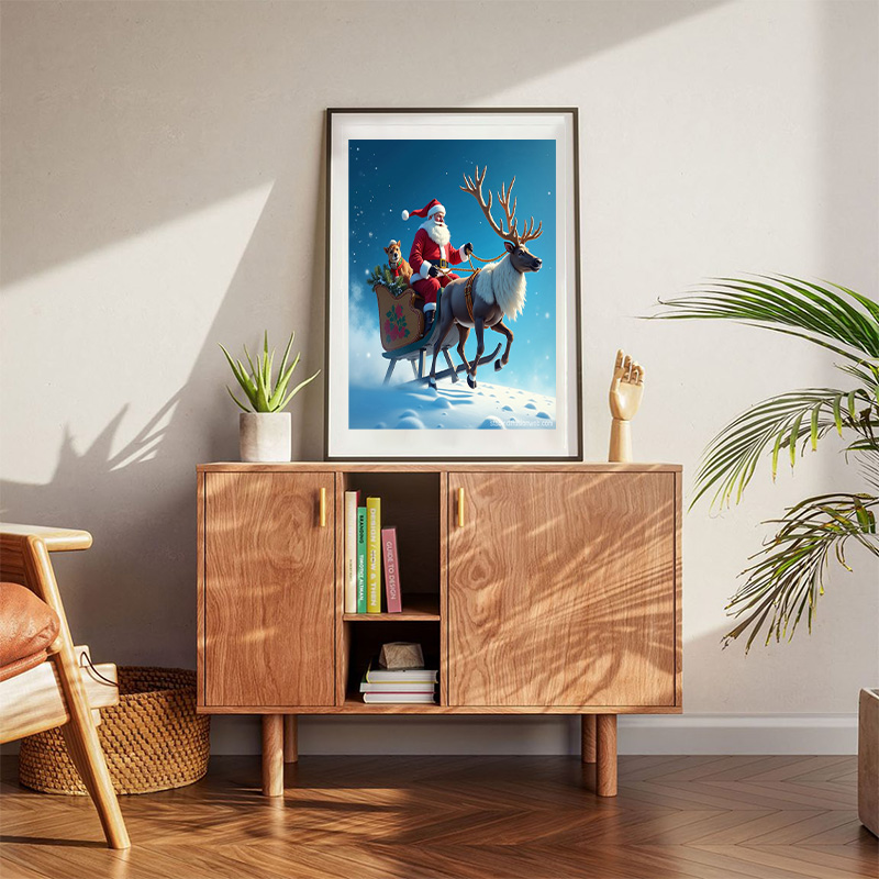 Santa's Sleigh Ride Over Blue Skies Poster