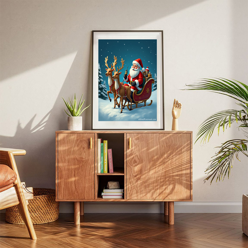 Santa's Sleigh With Reindeer Radio Poster