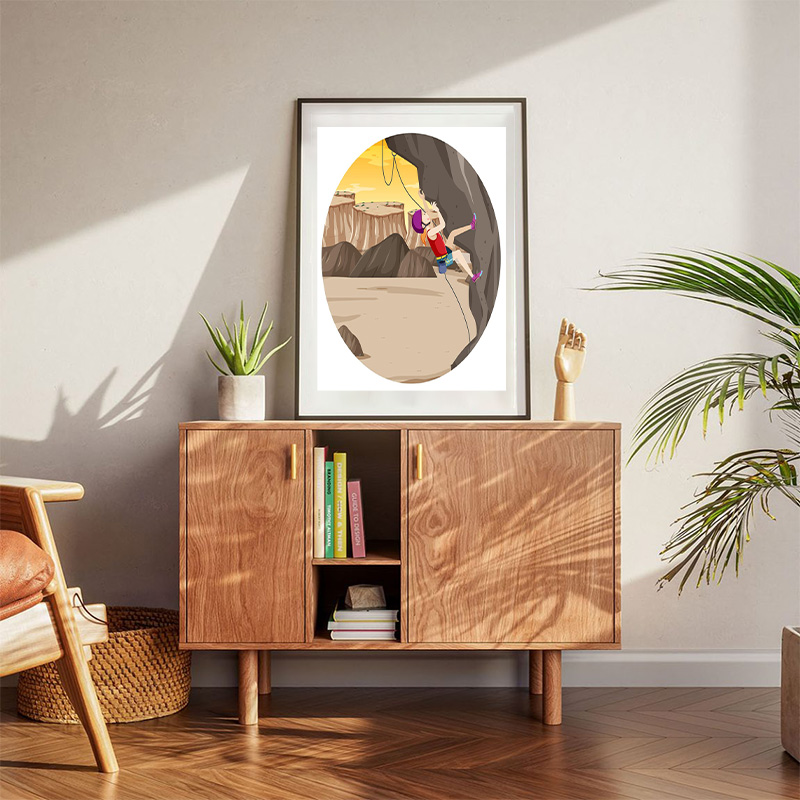 Scene With People Climbing Rocky Moutain On Circle Artboard Poster