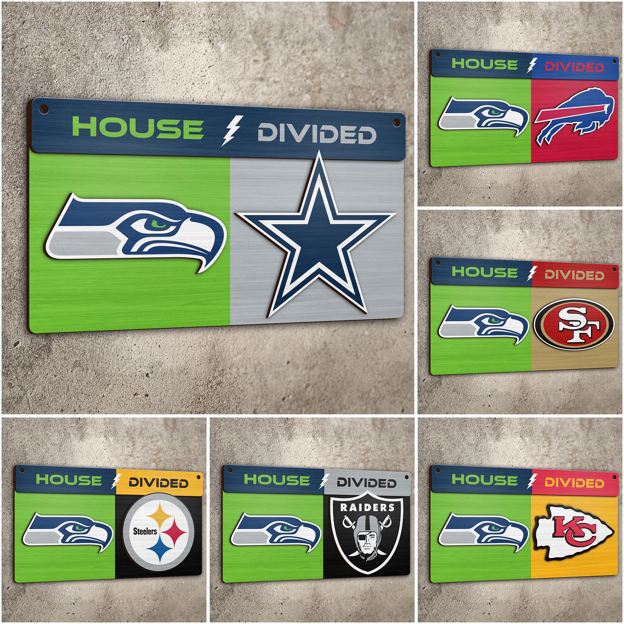 Seattle Seahawks 2 Layers Woodsign Choose Any Team, House Divided Sign, Wall Hangings