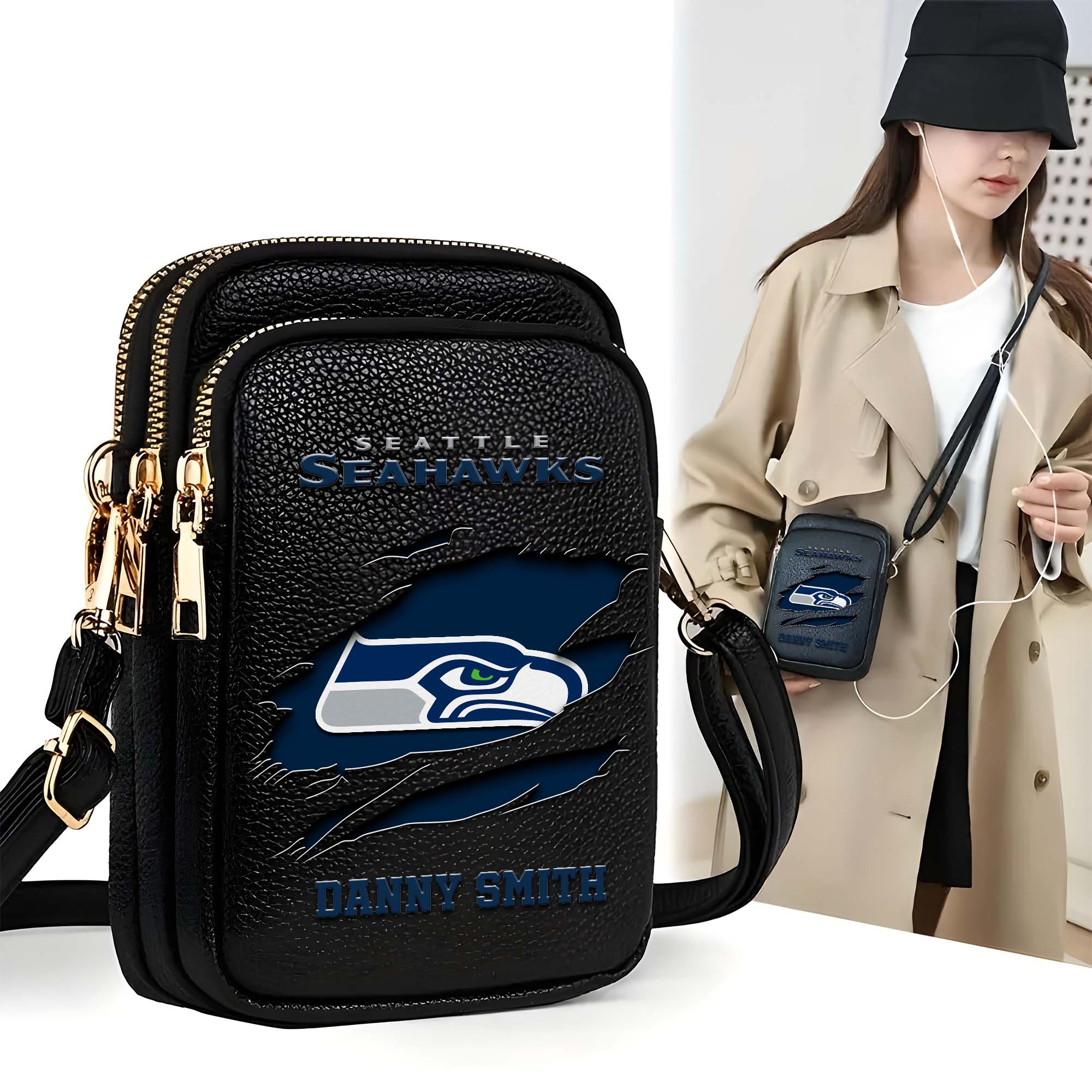 Seattle Seahawks Customized Womens Mobile Phone Bag With Your Name, Leather Crossbody Bag, Fan Gifts