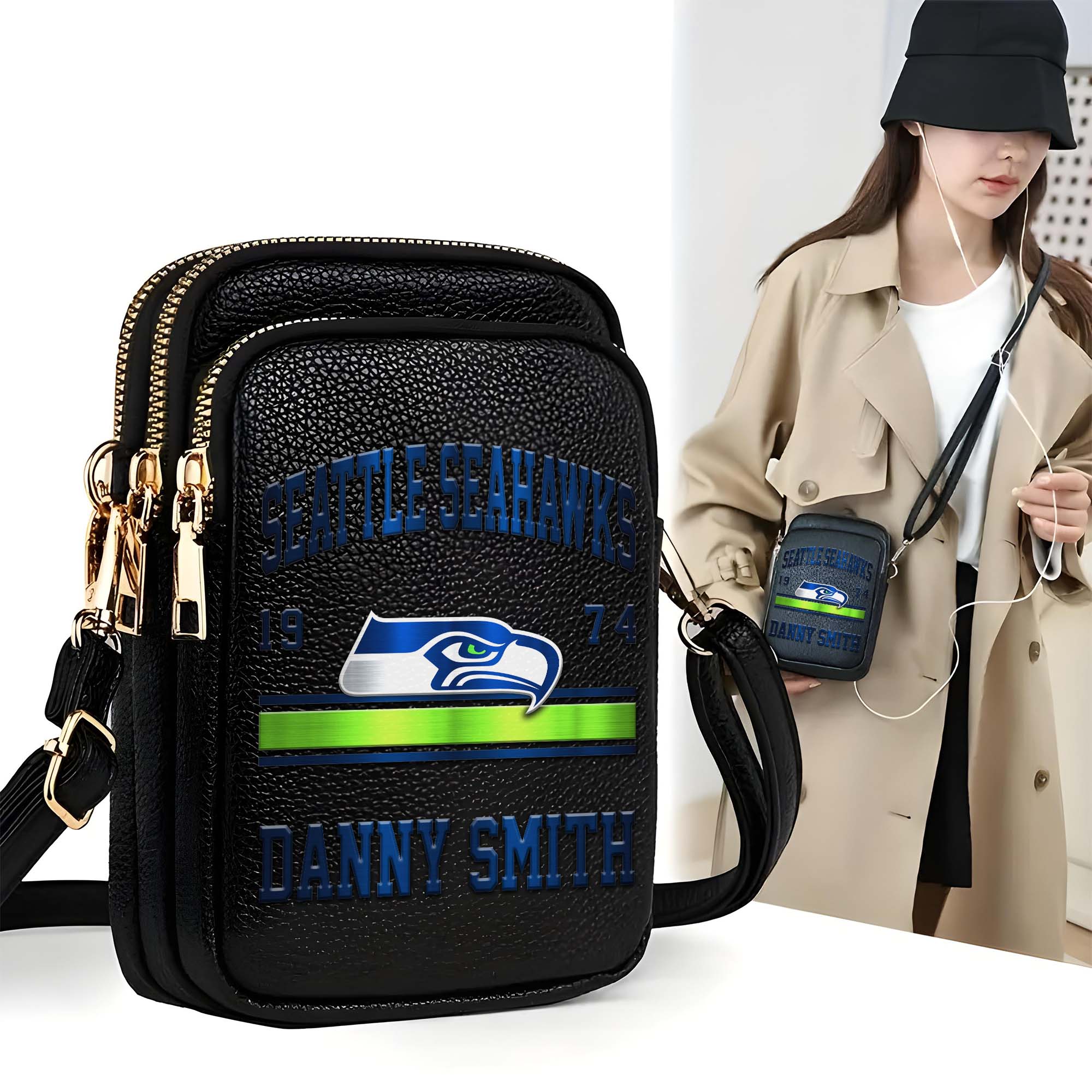 Seattle Seahawks Customized Womens Mobile Phone Bag With Your Name, Leather Crossbody Bag, Fan Gifts