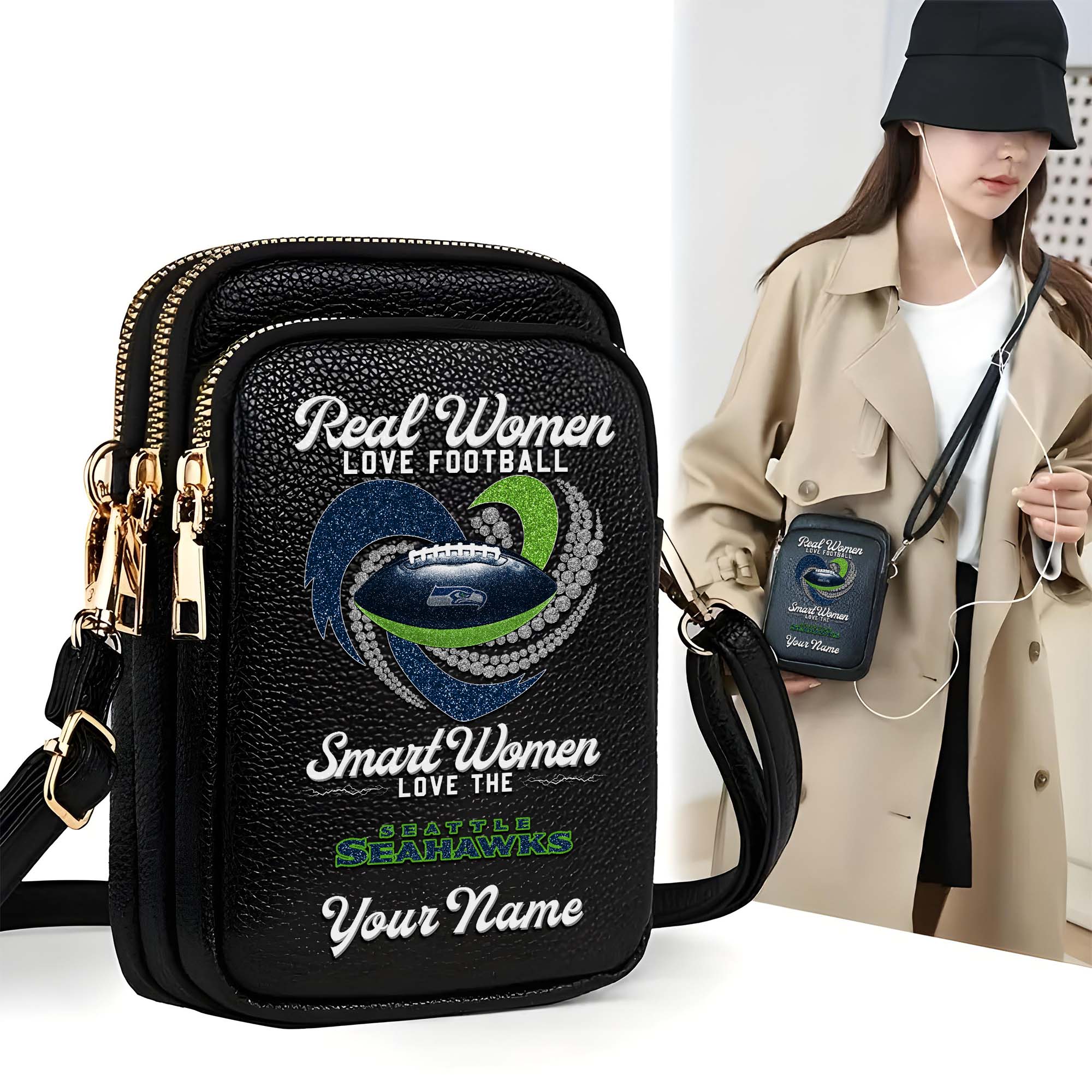 Seattle Seahawks Customized Womens Mobile Phone Bag With Your Name, Leather Crossbody Bag, Fan Gifts
