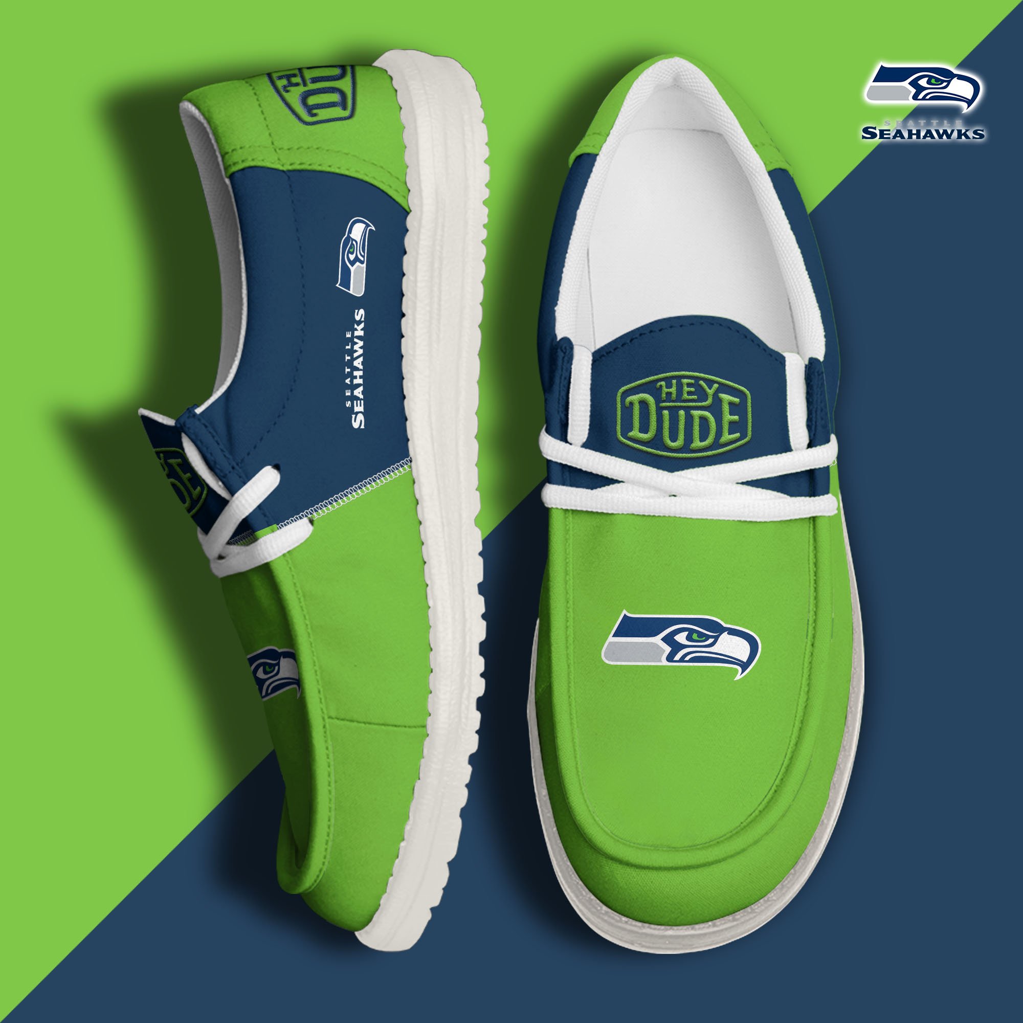 Seattle Seahawks Football Hey Dude Canvas Loafer Shoes Custom Your Name, Sport Shoes For Fan, Fan Gifts