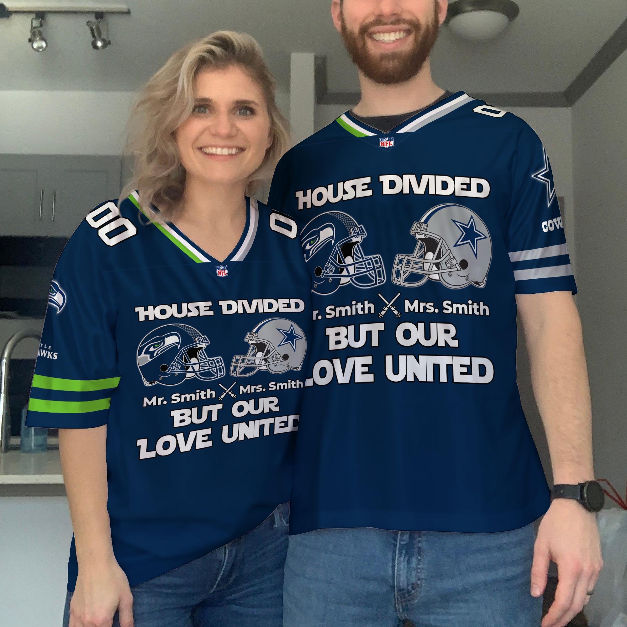 Seattle Seahawks Football Jersey Custom Husband, Wife Name And Number, House Divided Jersey For Fan
