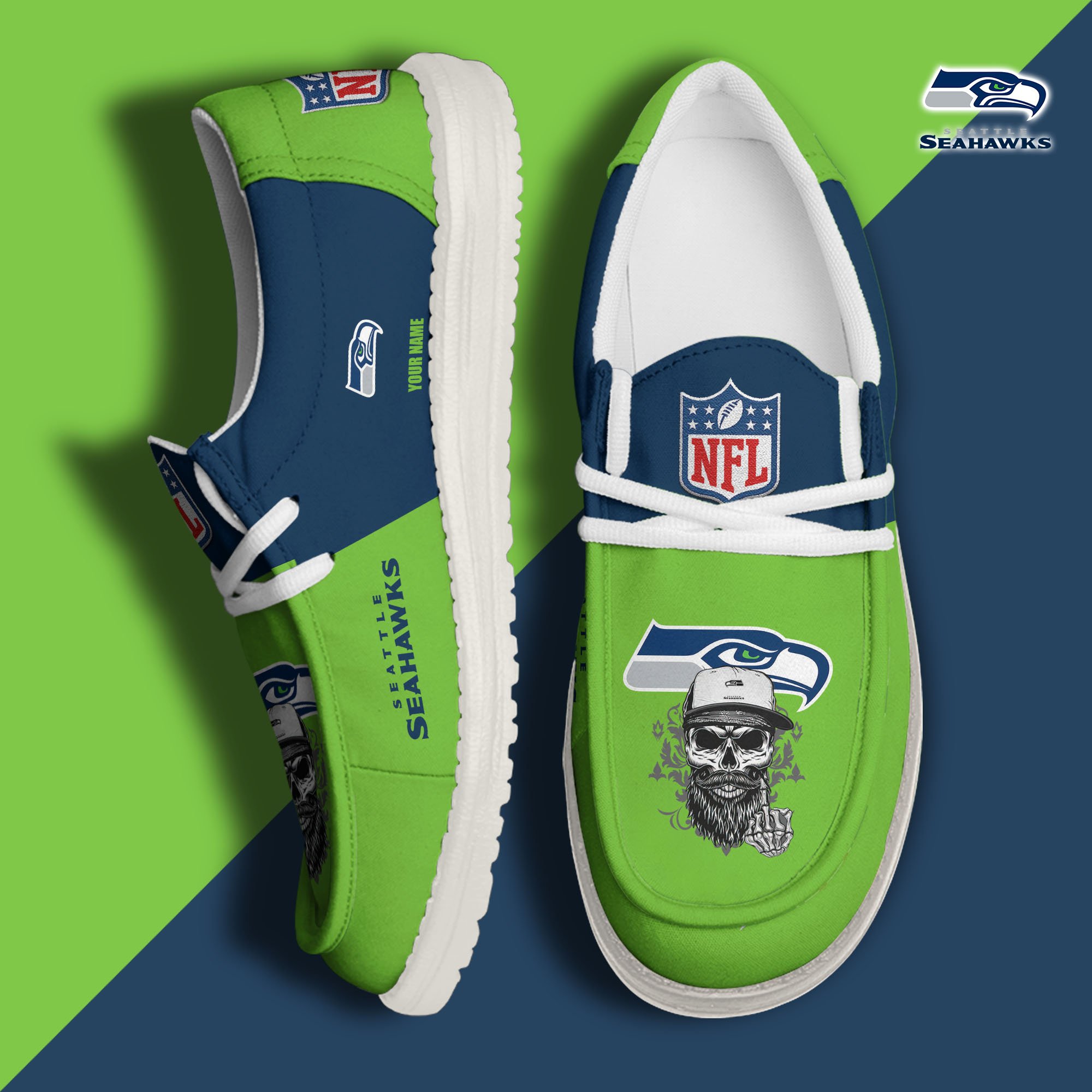 Seattle Seahawks H D White Canvas Loafer Shoes Custom Your Name, Sport Canvas Loafer Shoes