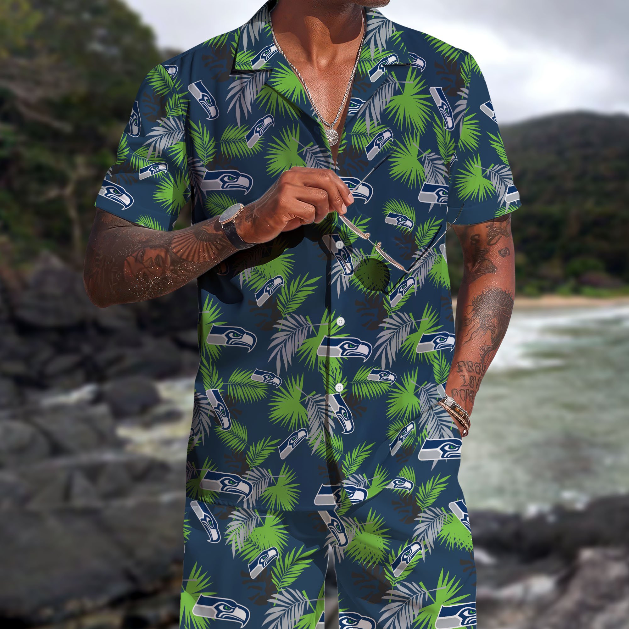 Seattle Seahawks Hawaiian Shorts Set 2025 Version, Hawaiian Shirts, Sports Shorts, Gifts For Fan