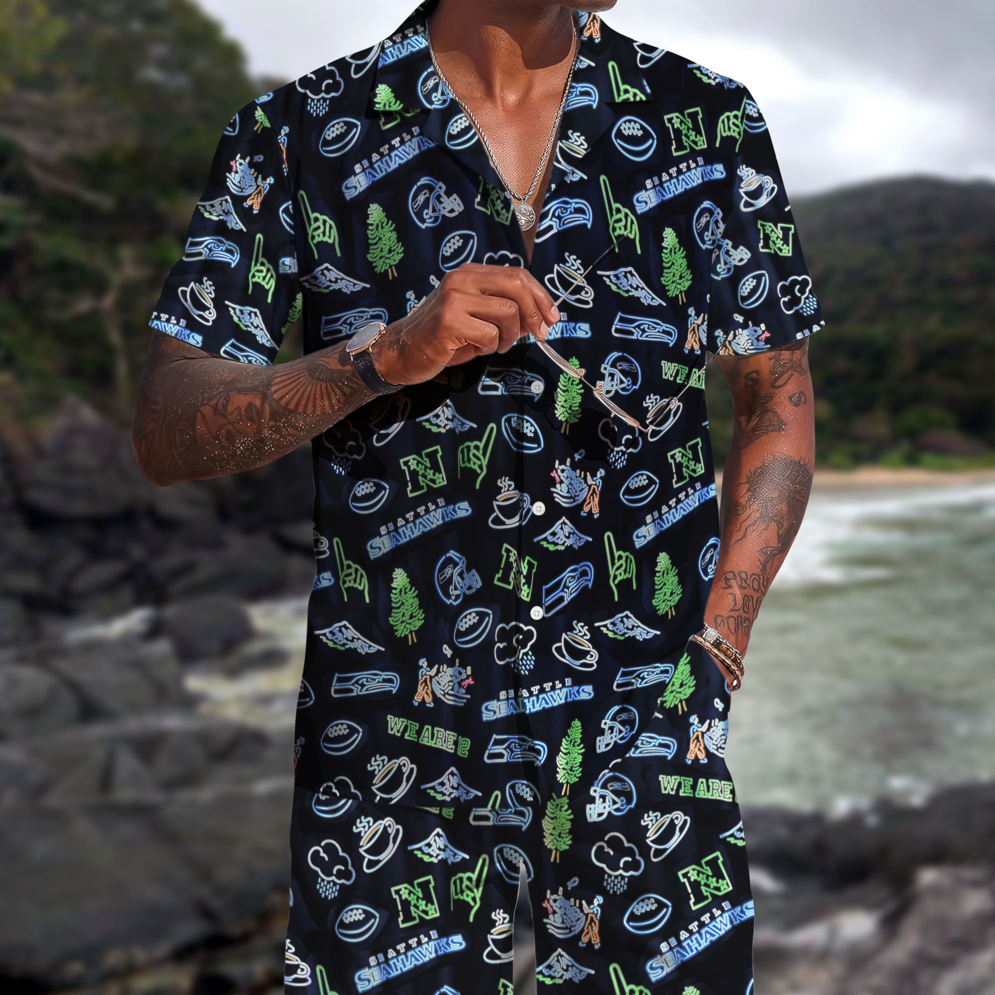 Seattle Seahawks Hawaiian Shorts Set 2025 Version, Hawaiian Shirts, Sports Shorts, Gifts For Fan
