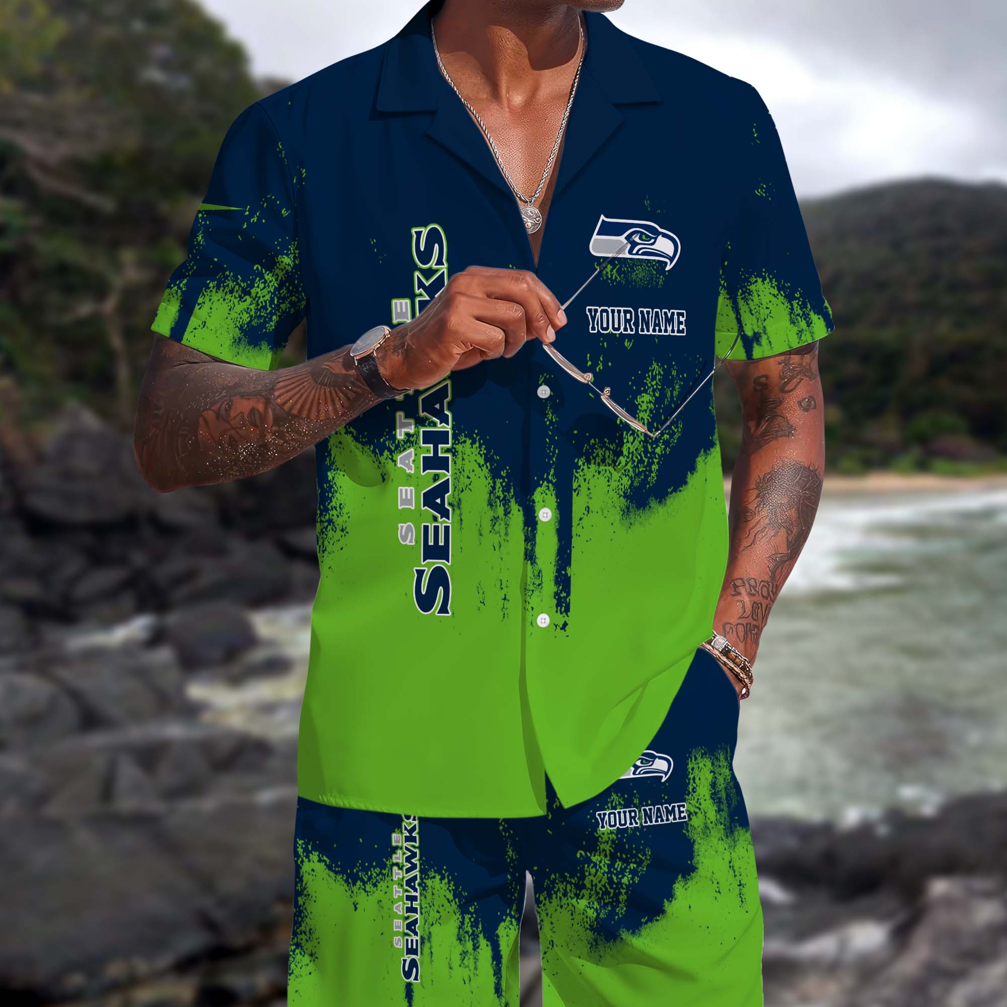 Seattle Seahawks Hawaiian Shorts Set Custom You Name, Sport Shorts, Gifts For Fan