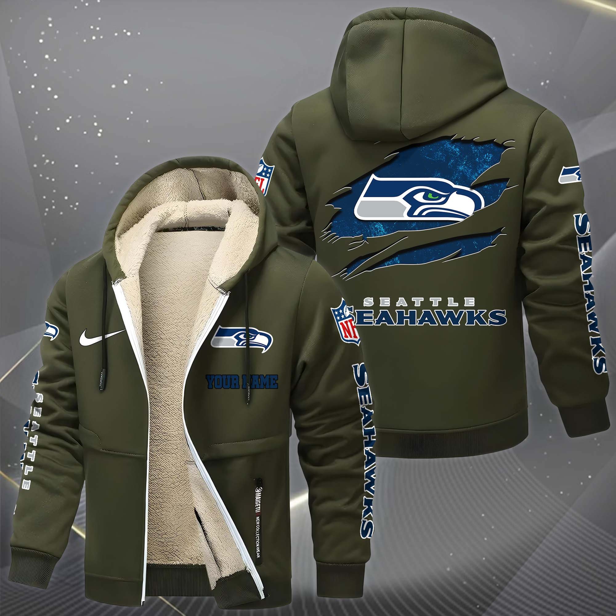 Seattle Seahawks Hoodie Zip Velvet Coat Custom Your Name, Sport Jacket, Gifts For Fan