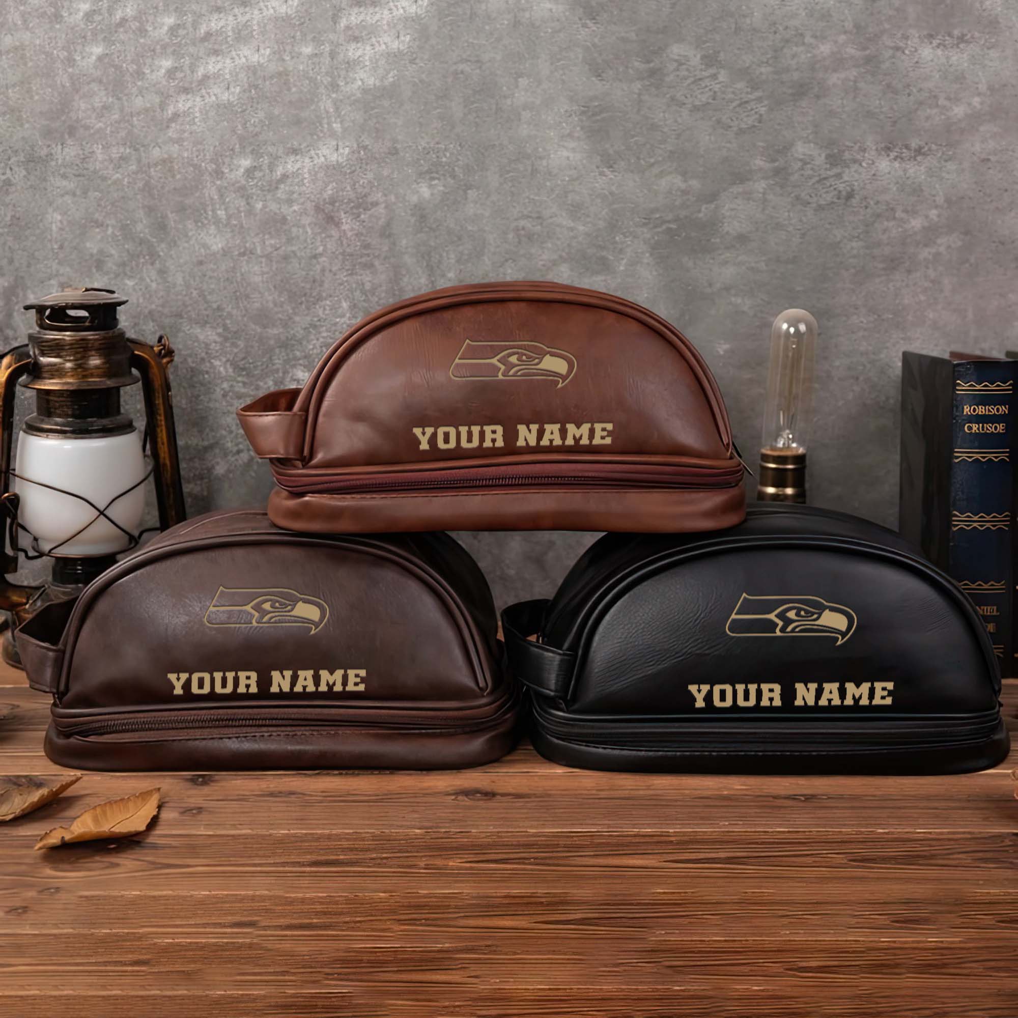 Seattle Seahawks Mens Leather Toiletry Bag, Engraved Leather Dopp Kit Bag, Football Fan Gifts