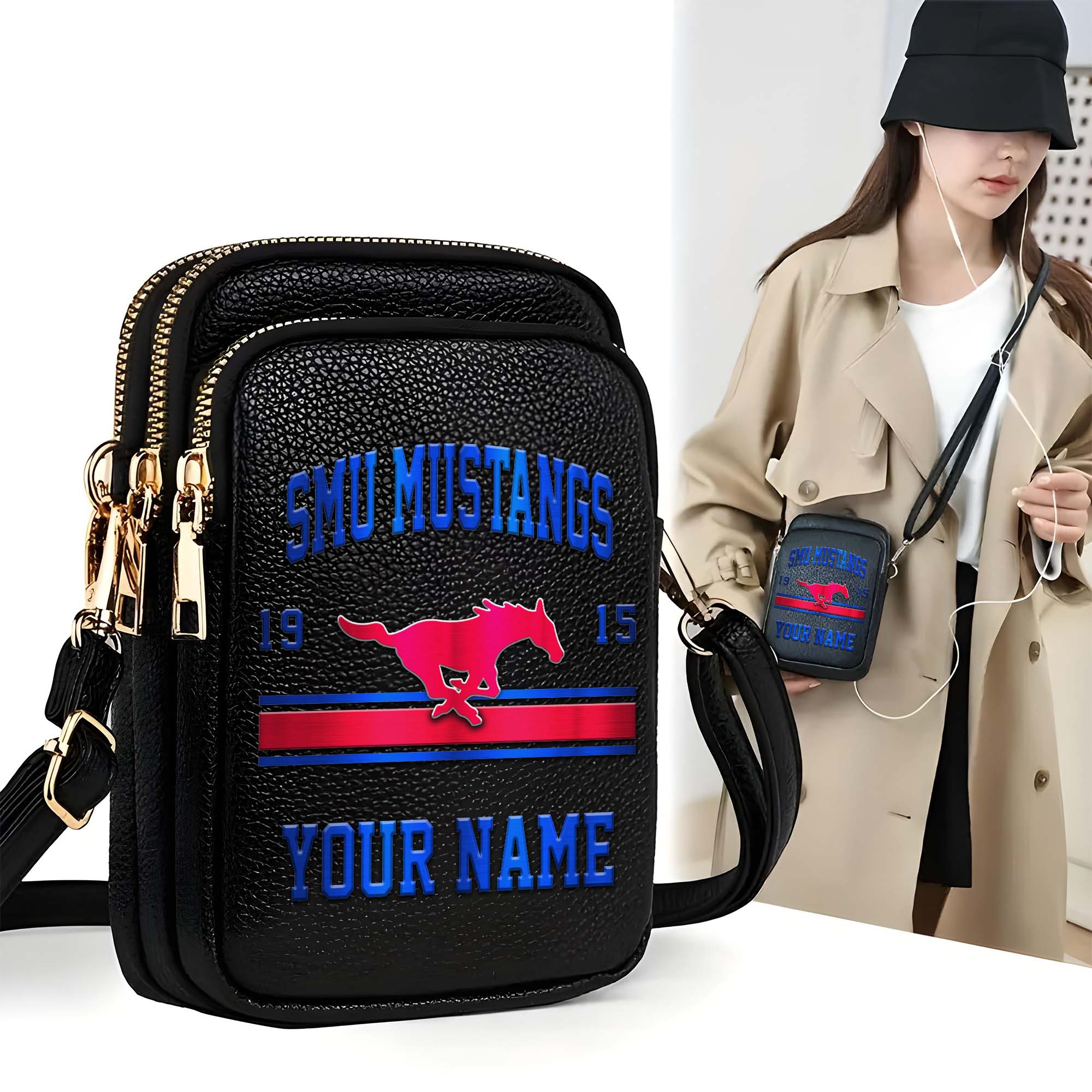 SMU Mustangs Customized Womens Mobile Phone Bag With Your Name, Leather Crossbody Bag, Fan Gifts