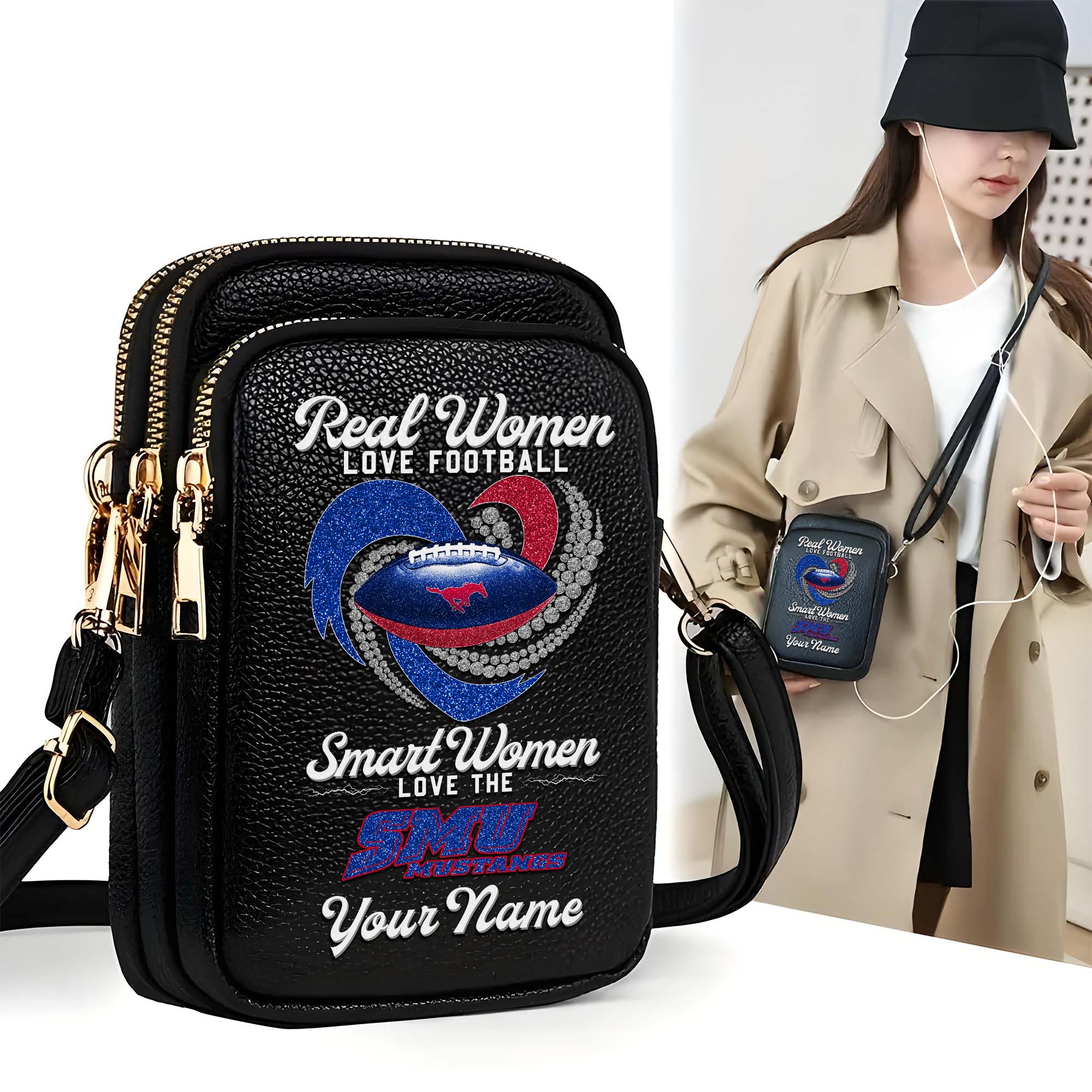 SMU Mustangs Customized Womens Mobile Phone Bag With Your Name, Leather Crossbody Bag, Fan Gifts