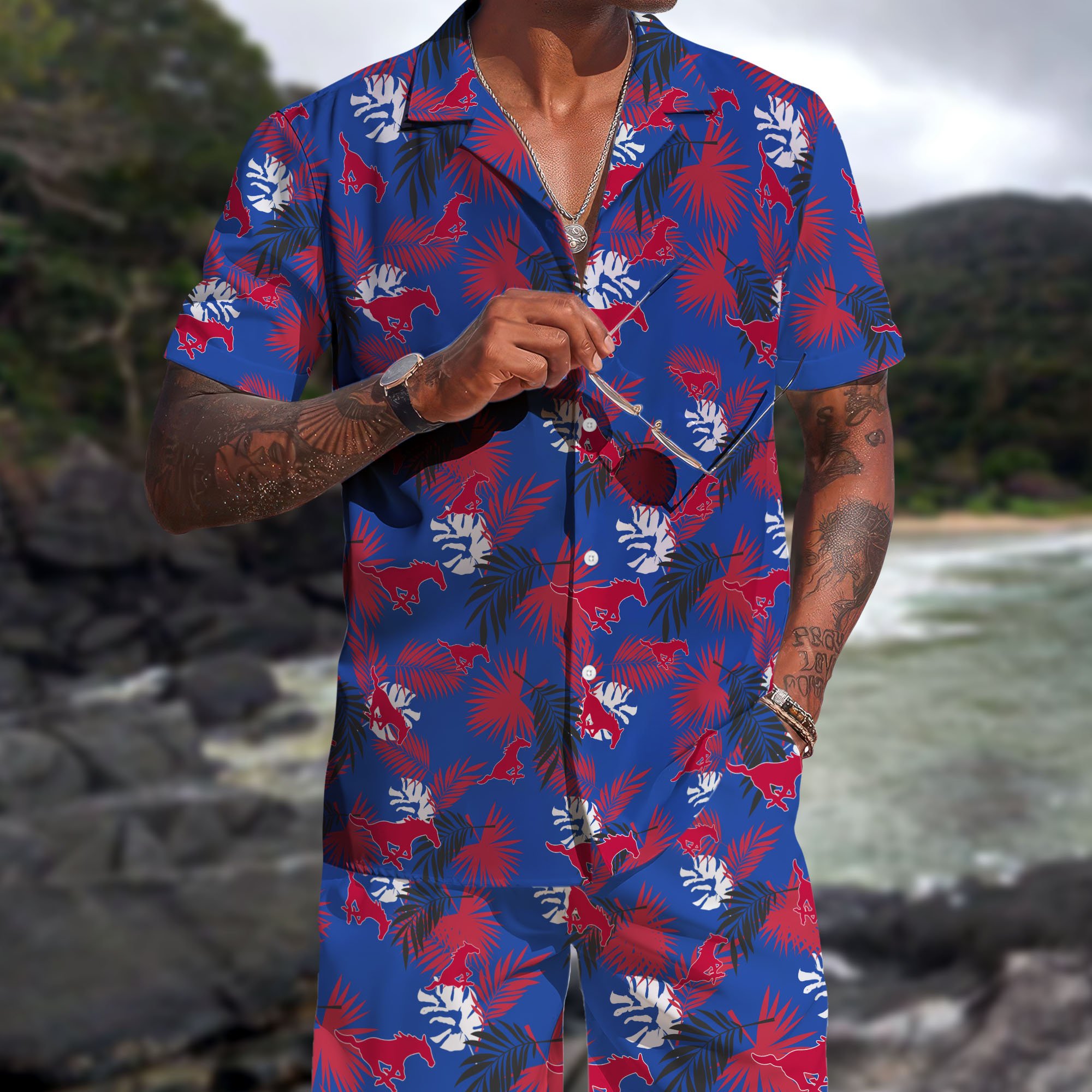 SMU Mustangs Hawaiian Shorts Set 2025 Version, Hawaiian Shirts, Sports Shorts, Gifts For Fan