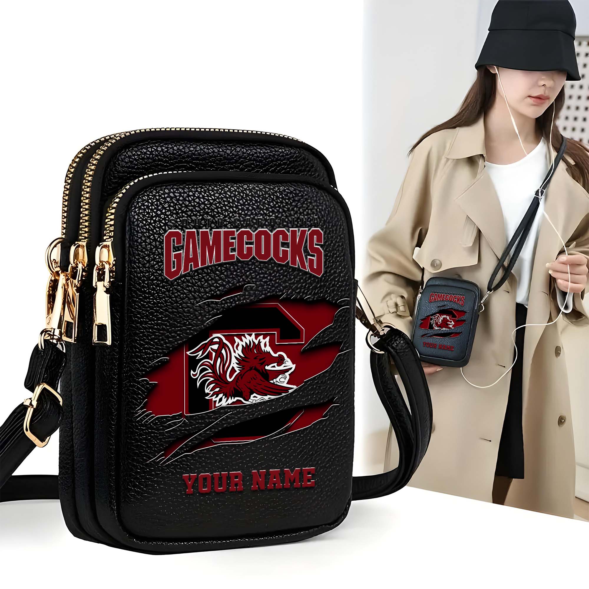 South Carolina Gamecocks Customized Womens Mobile Phone Bag With Your Name, Leather Crossbody Bag, Fan Gifts