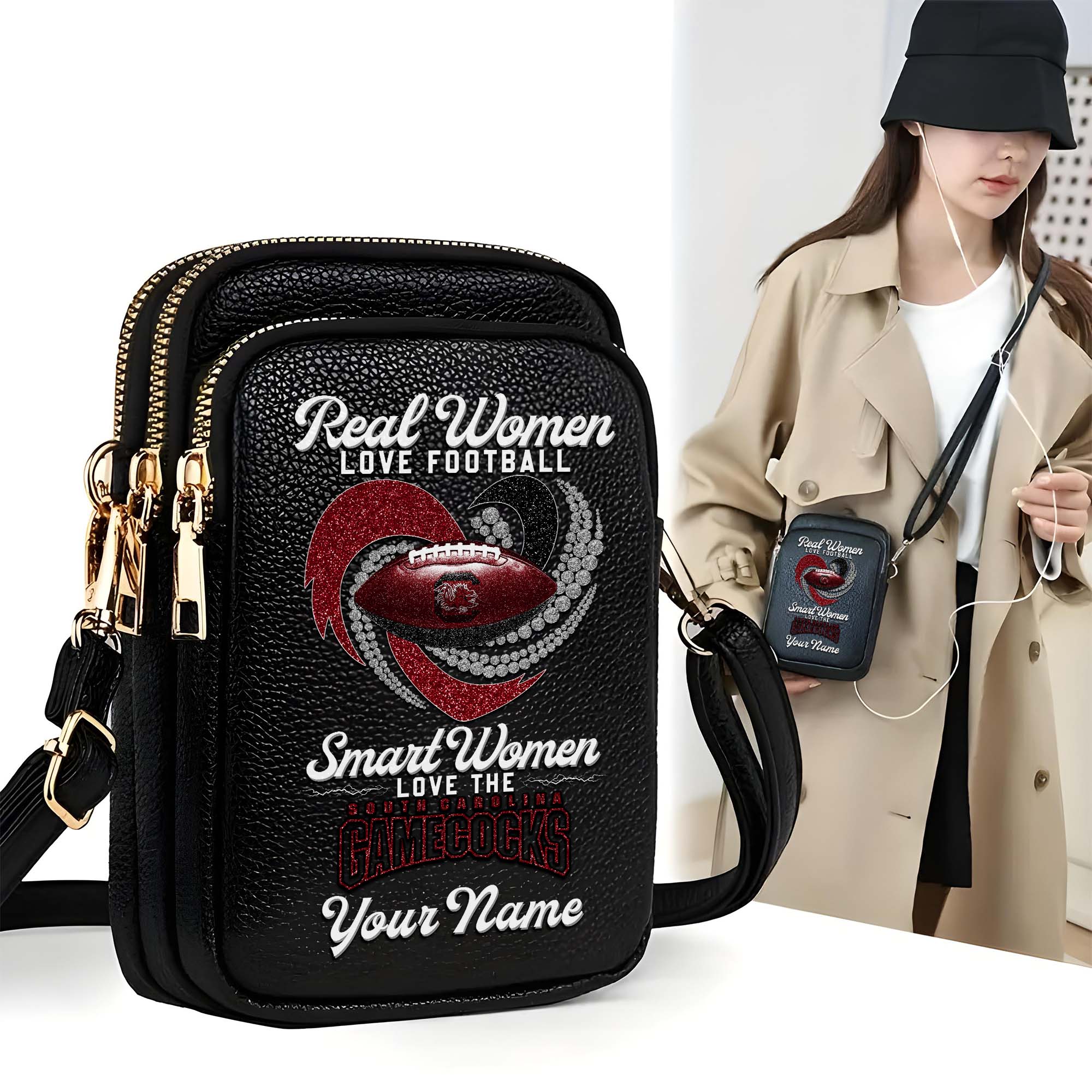 South Carolina Gamecocks Customized Womens Mobile Phone Bag With Your Name, Leather Crossbody Bag, Fan Gifts