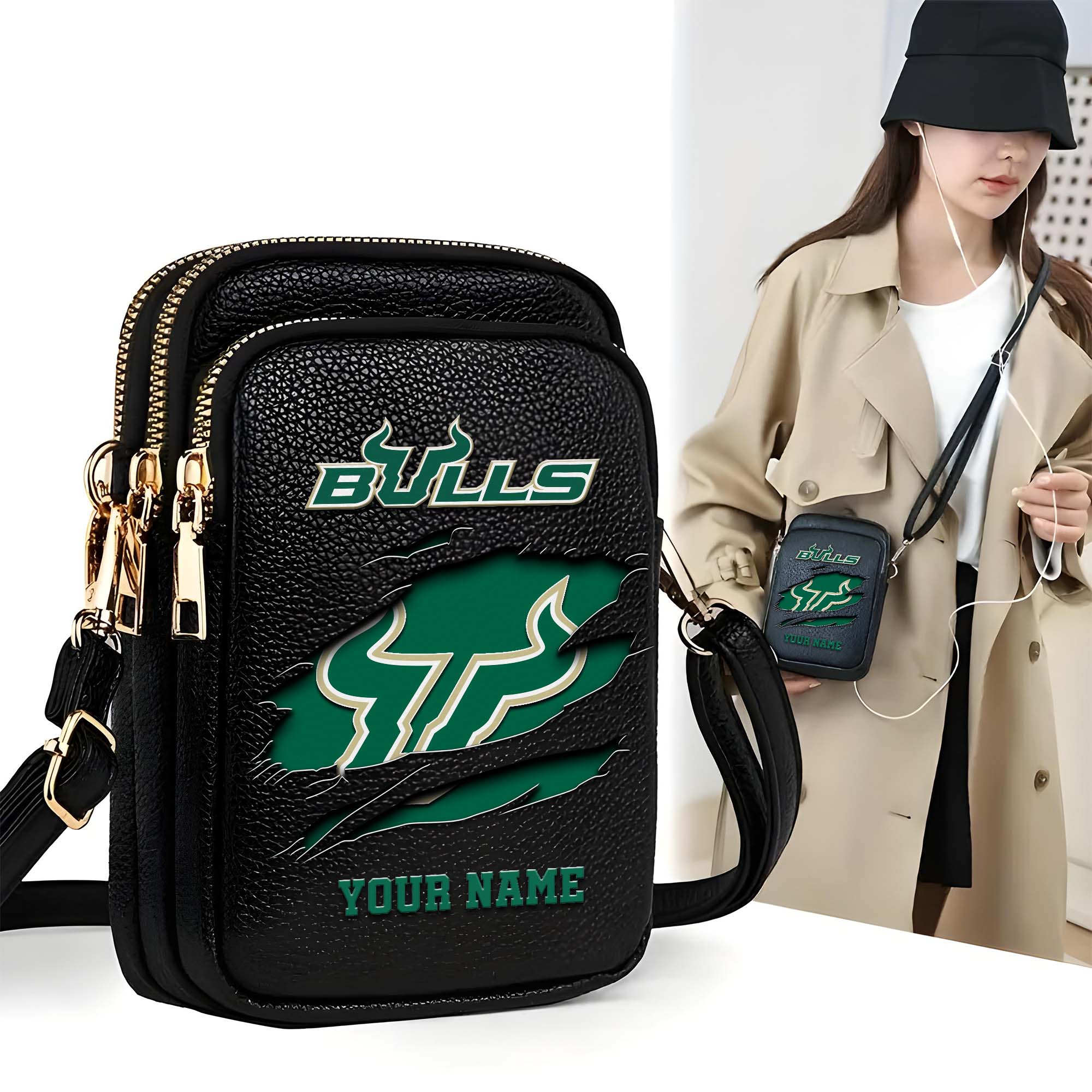 South Florida Bulls Customized Womens Mobile Phone Bag With Your Name, Leather Crossbody Bag, Fan Gifts