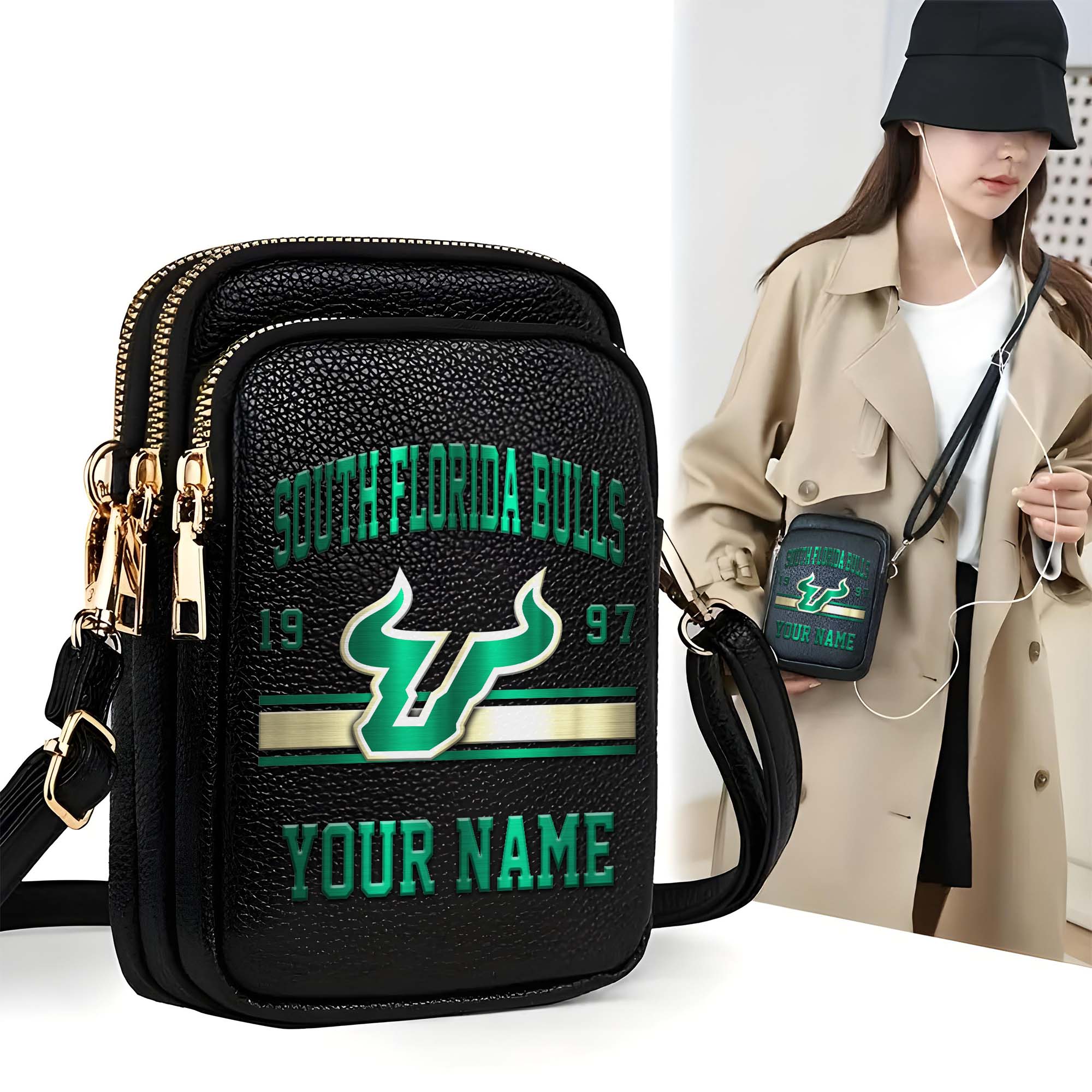 South Florida Bulls Customized Womens Mobile Phone Bag With Your Name, Leather Crossbody Bag, Fan Gifts