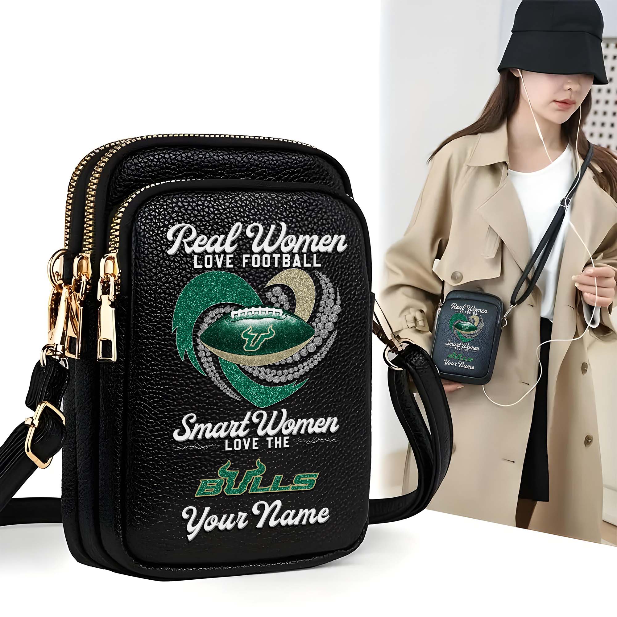 South Florida Bulls Customized Womens Mobile Phone Bag With Your Name, Leather Crossbody Bag, Fan Gifts