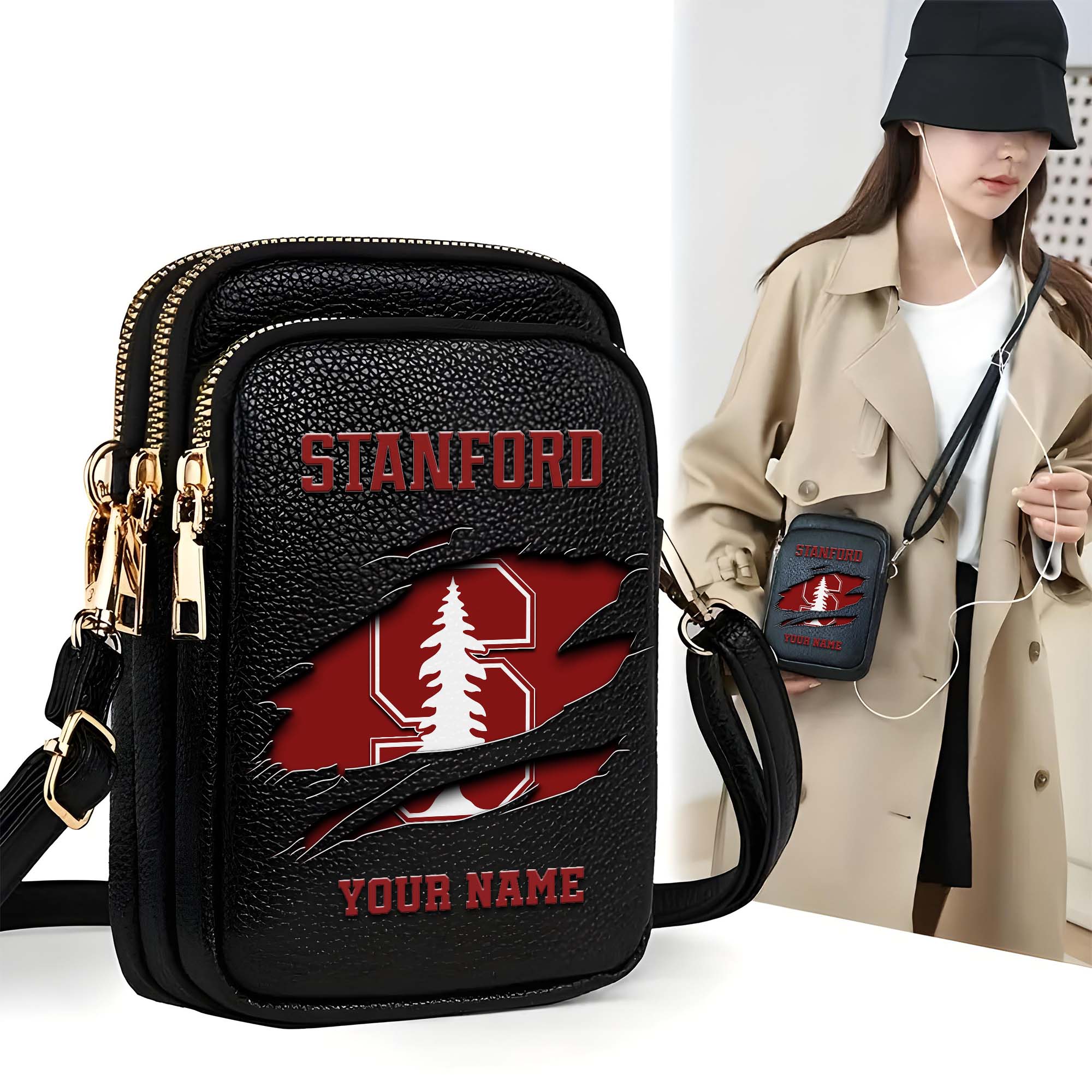 Stanford Cardinal Customized Womens Mobile Phone Bag With Your Name, Leather Crossbody Bag, Fan Gifts