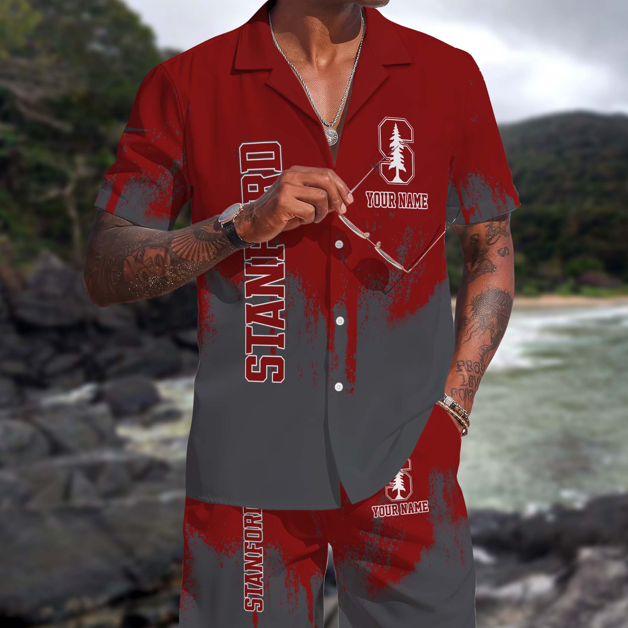 Stanford Cardinal Hawaiian Shorts Set Custom You Name, Sports Shorts, Gifts For Fan