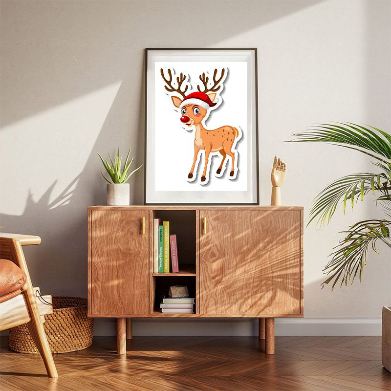 Sticker Template With Christmas Reindeer Cartoon Character Isolated Poster