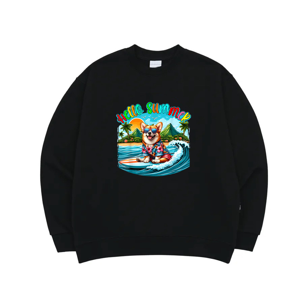Summer Costume Corgi Sunglasses Surfing On Beach Surfer Sweatshirt