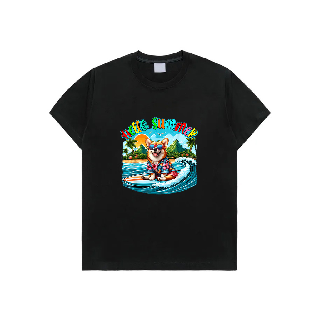 Summer Costume Corgi Sunglasses Surfing On Beach Surfer T-Shirt