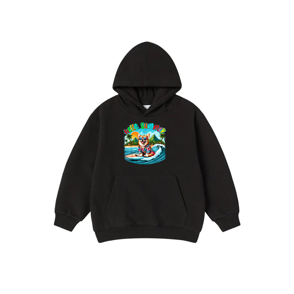 Summer Costume Corgi Sunglasses Surfing On Beach Surfer Hoodie